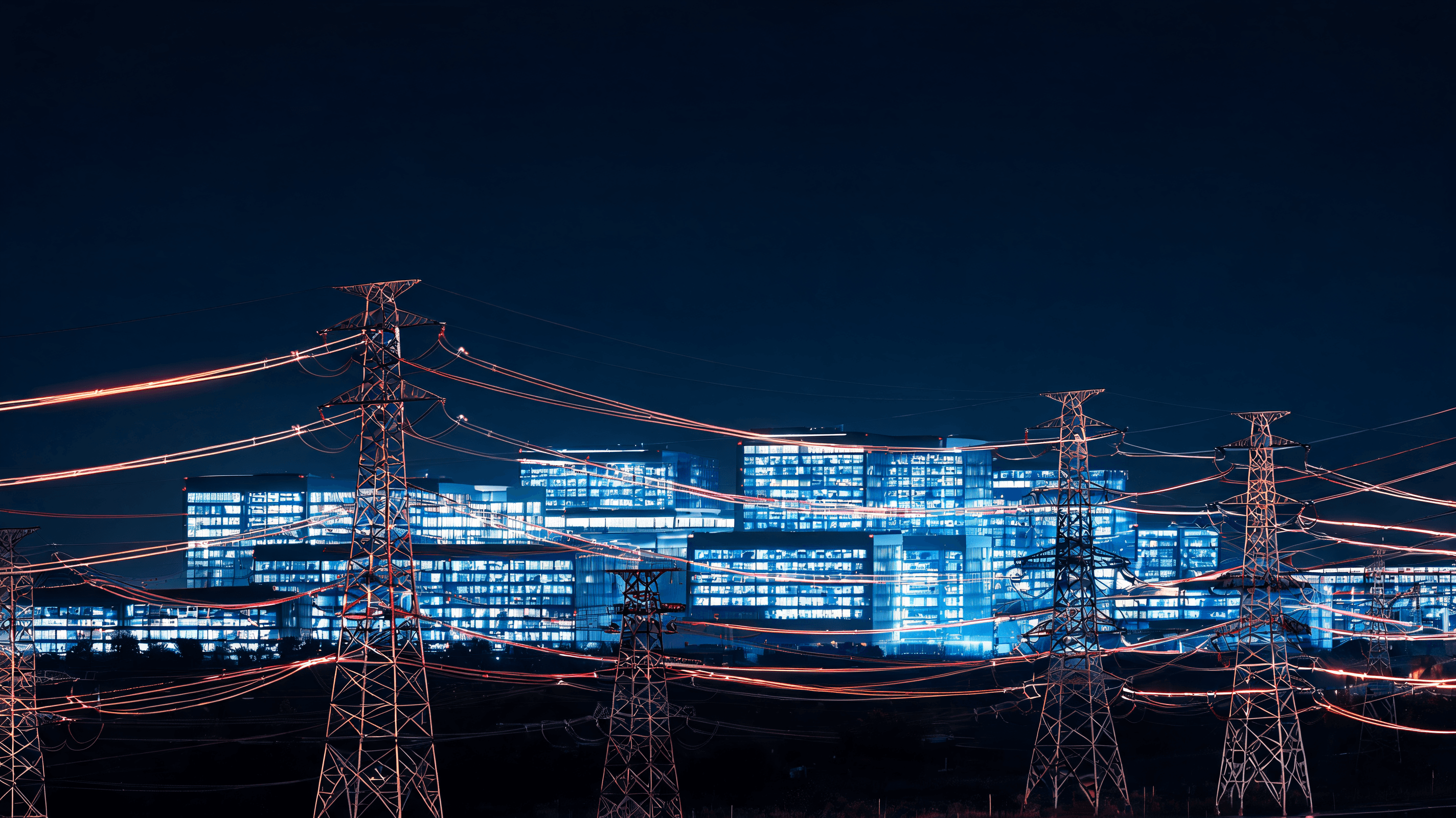 A conceptual image showing a glowing AI server data center complex at night, with a foreground focus