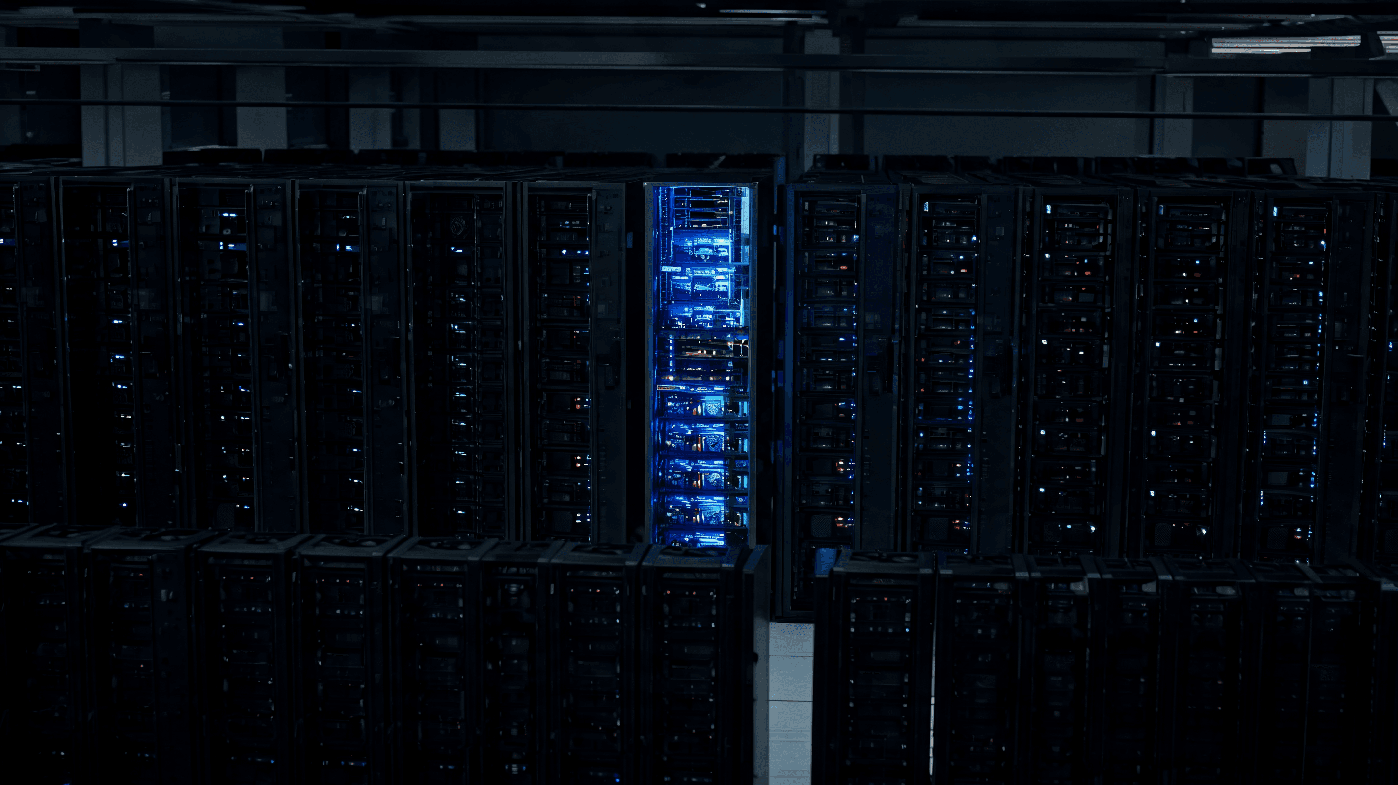 A digital visualization of a massive enterprise data center, with dark, inactive racks in the foregr