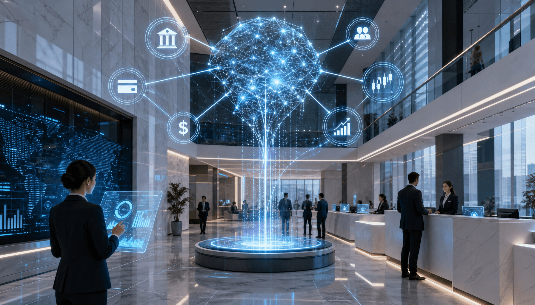 A futuristic bank lobby with holographic data streams and AI neural network nodes connecting to fina