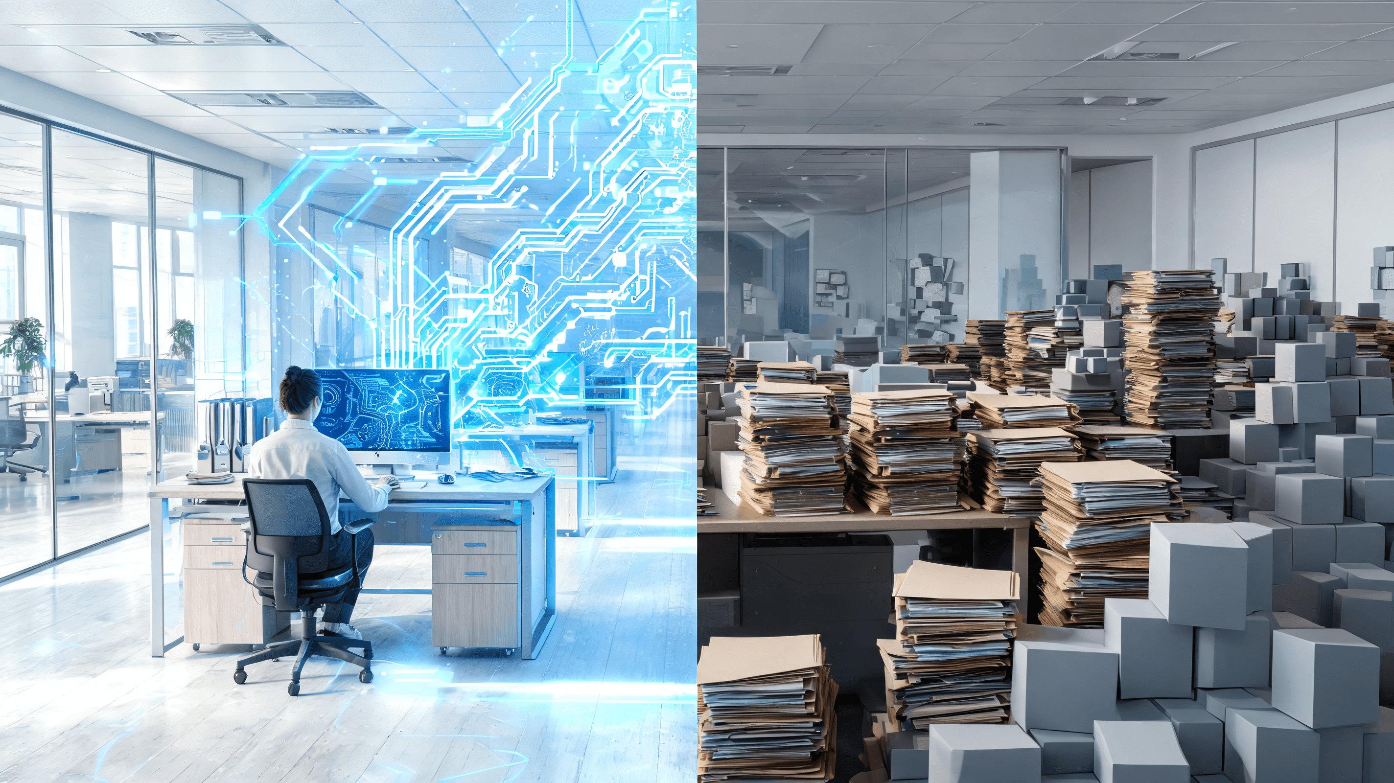 A modern office environment with a split perspective: one side shows digital speed and efficiency wi