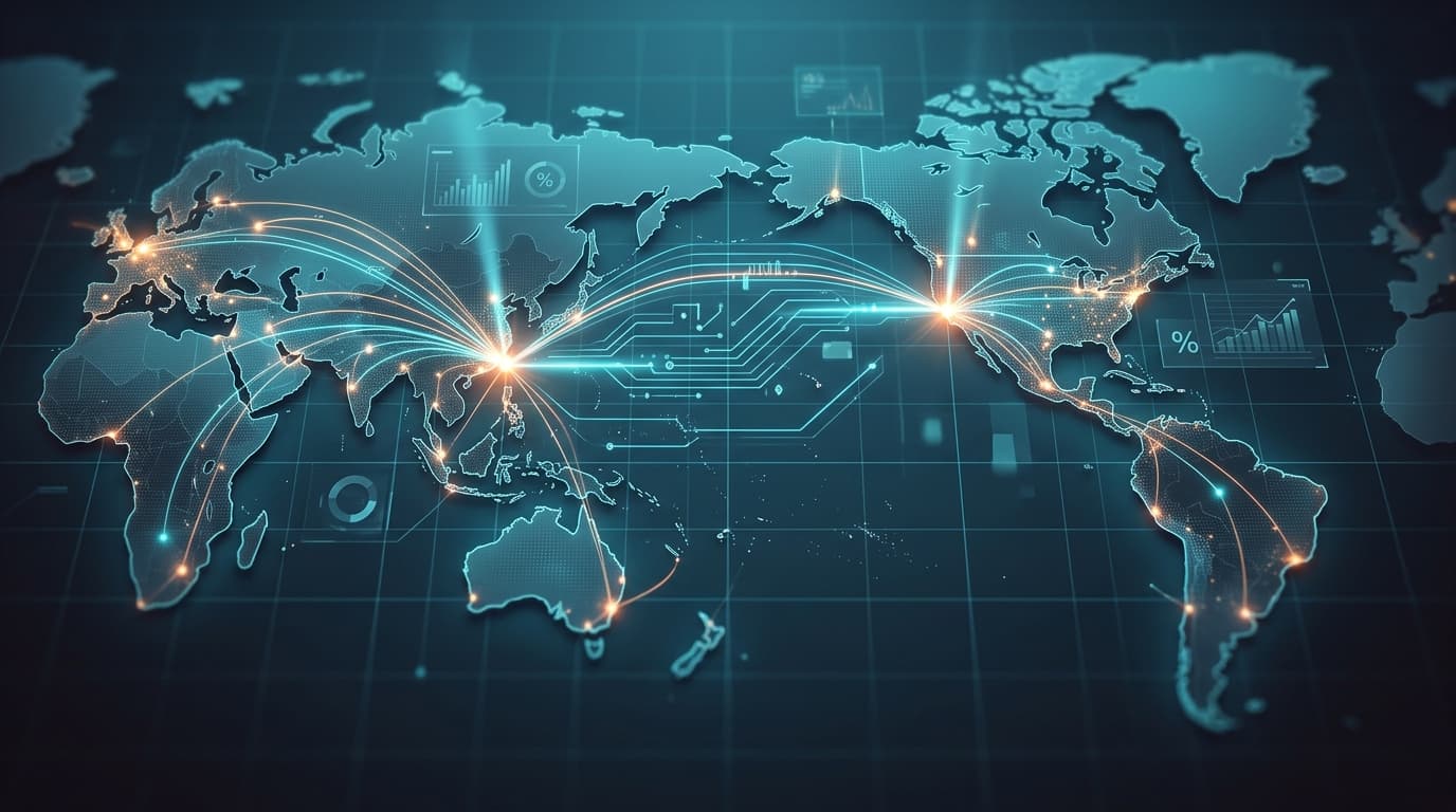 Global map highlighting California and Taiwan with data visualization lines, tech aesthetic, glowing