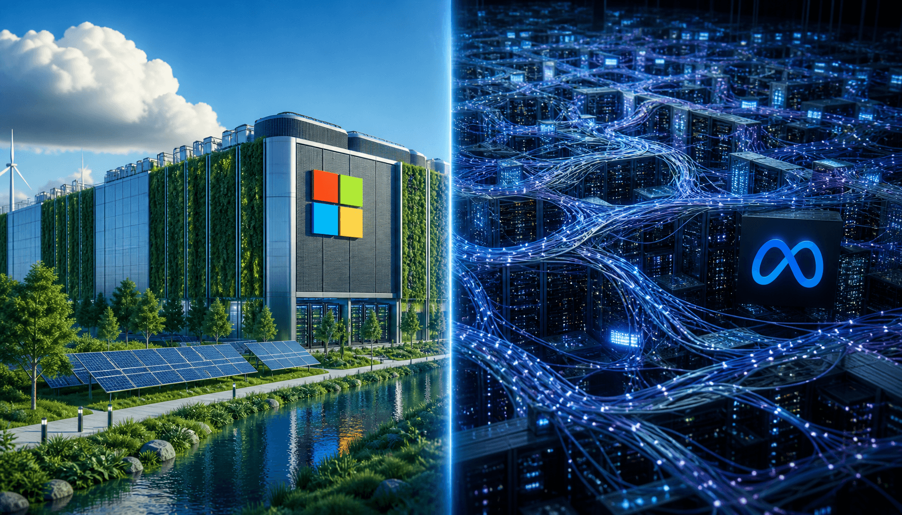 A digital visualization of a split screen: one side showing a flourishing green cloud data center fo