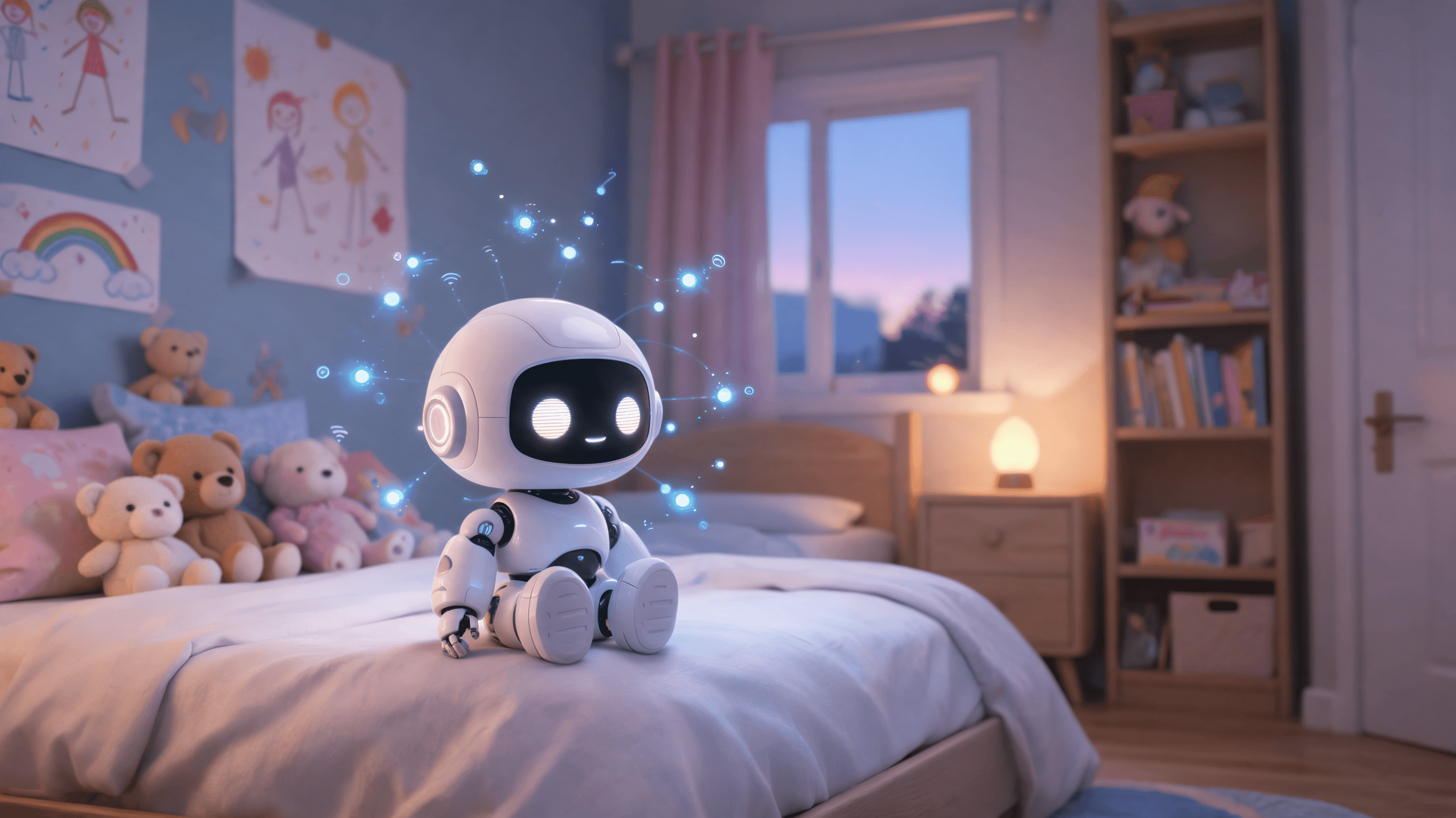 A modern, slightly surreal photo of a cute robot toy sitting in a child's bedroom, subtle digital gl