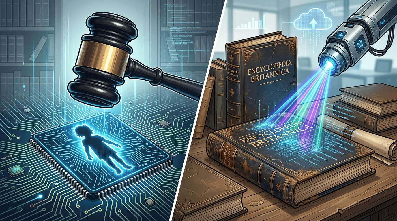 A conceptual split illustration: on one side, a courtroom gavel striking a digital circuit board wit