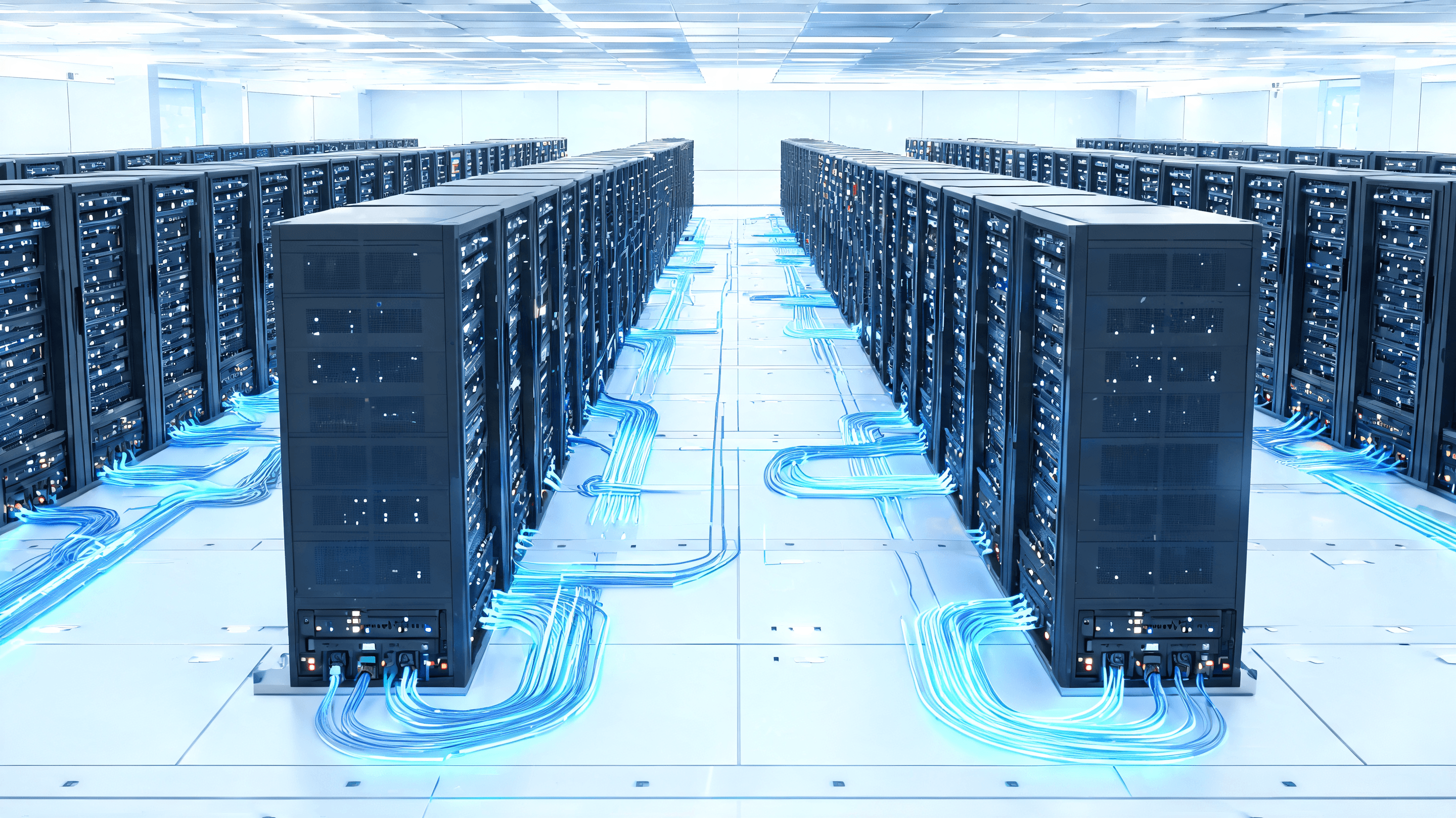 An abstract, high-tech isometric illustration of a data center floor showing rows of server racks, f