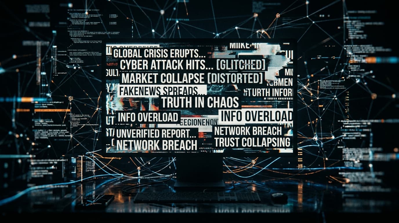 A digital screen displaying a chaotic mix of realistic and glitchy news headlines, abstract network
