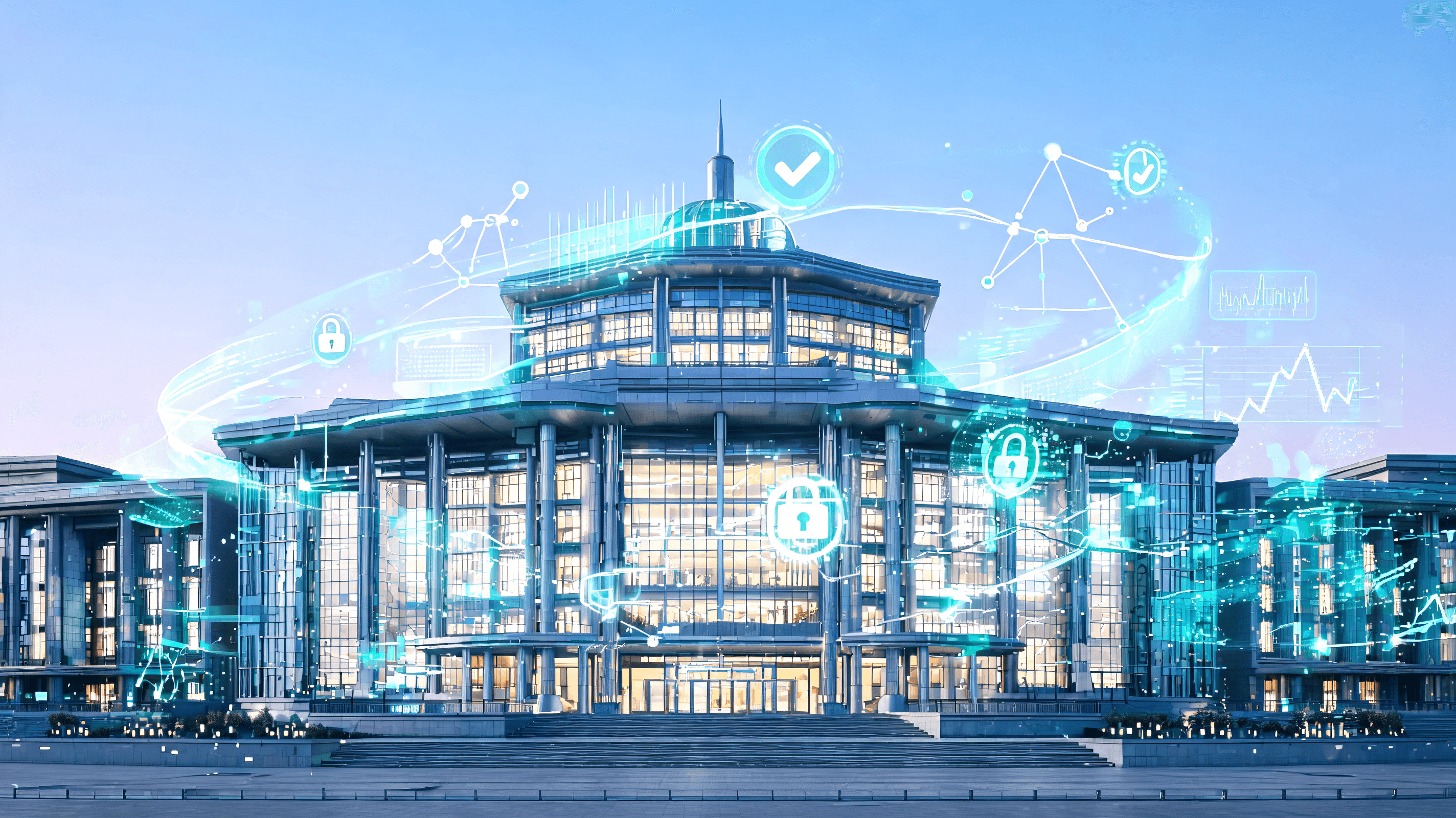 A modern, futuristic government building with digital interfaces and data streams flowing, represent
