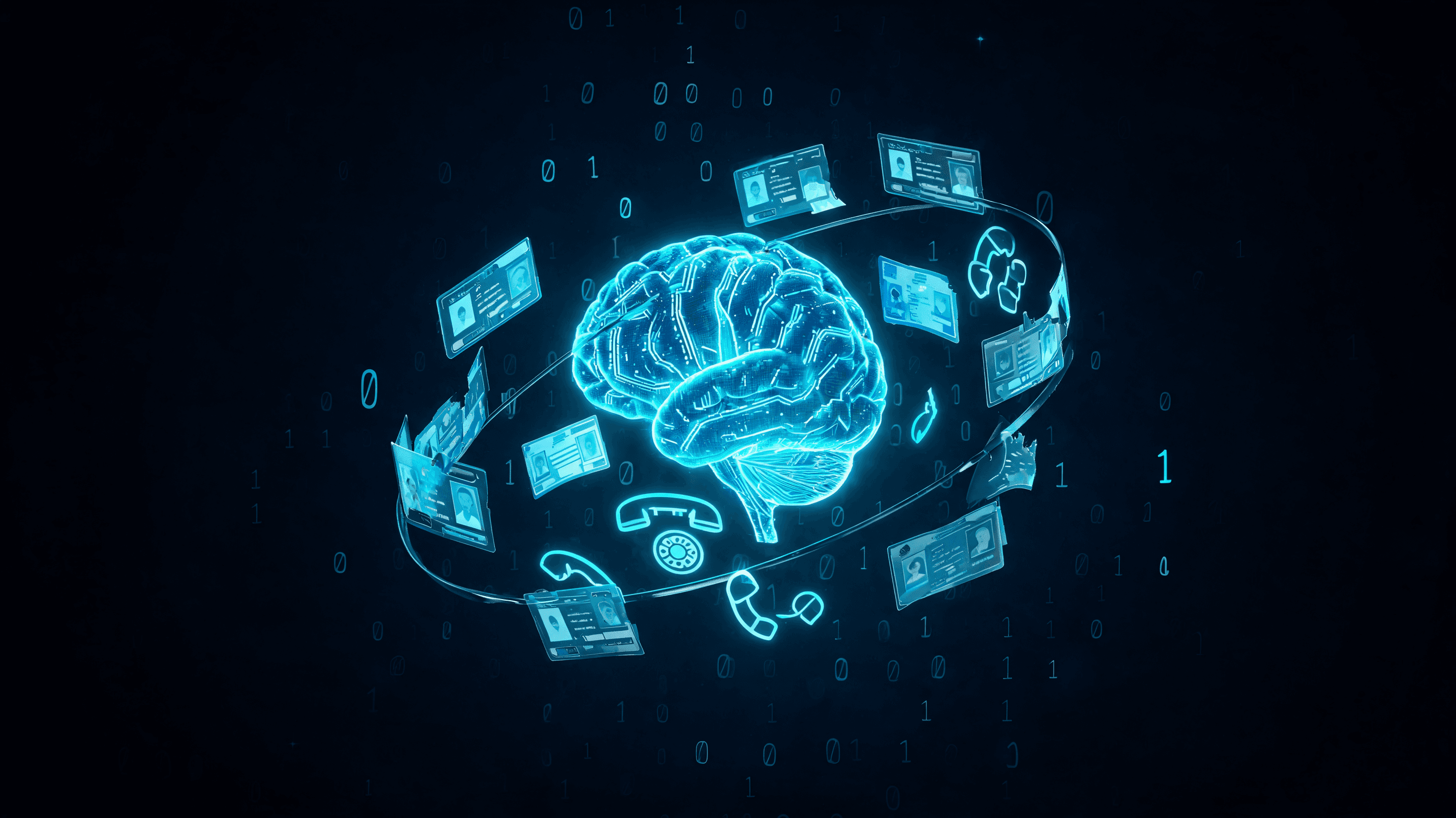 A conceptual, modern digital art piece showing a glowing digital brain interface with fragmented per