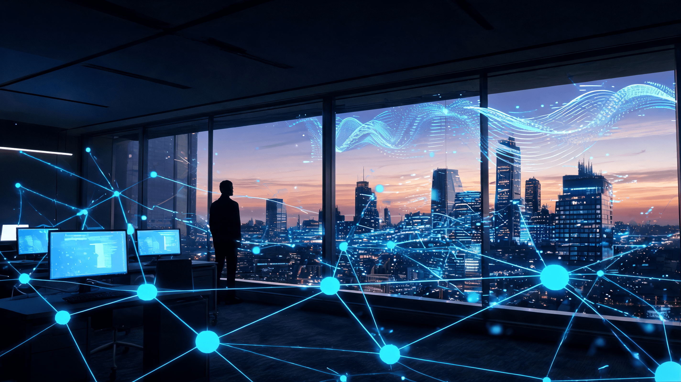 A silhouette of a futuristic corporate office in Silicon Valley at dusk, with glowing digital screen