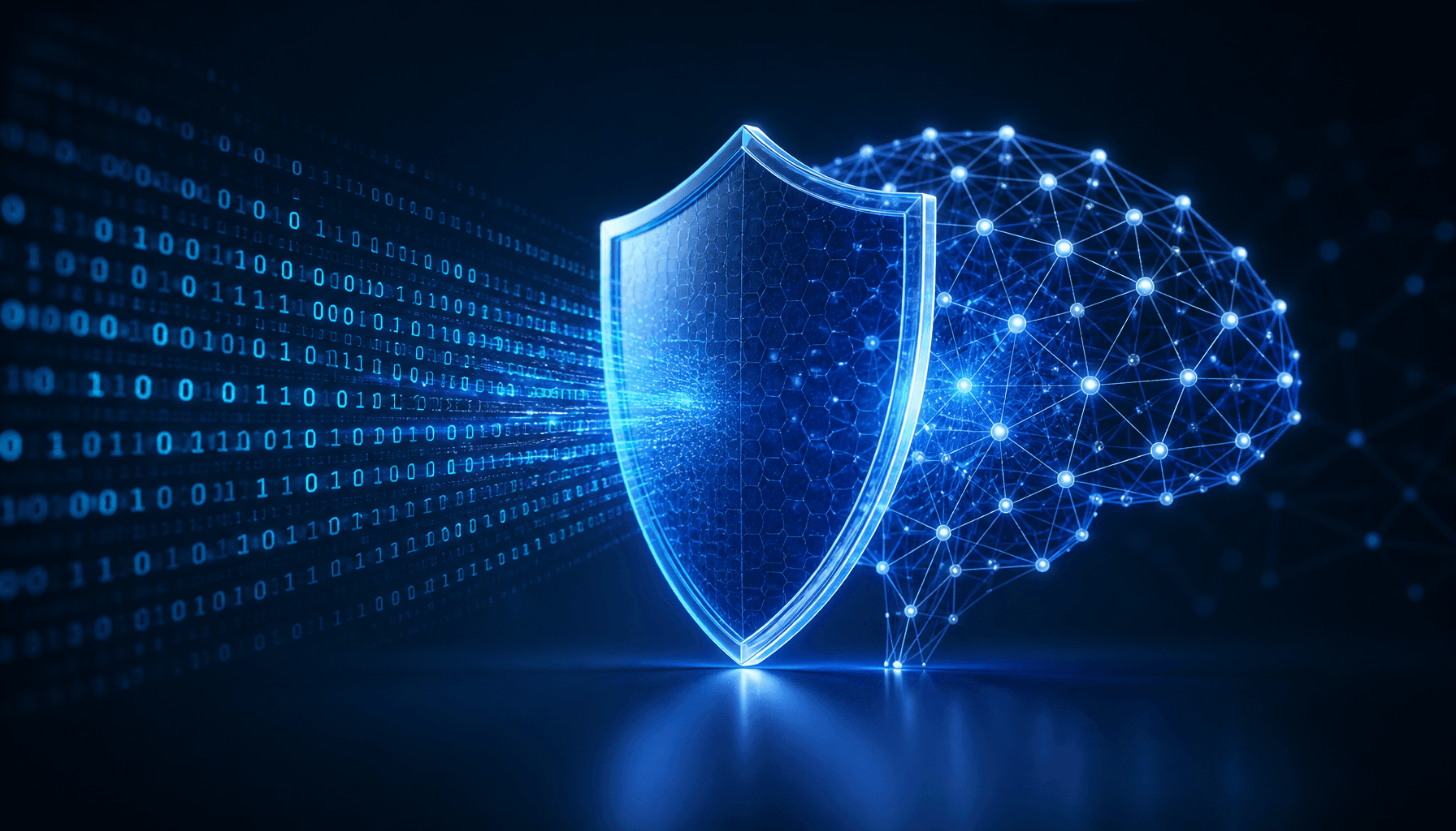 A conceptual illustration of a digital shield protecting a neural network, with binary code flowing