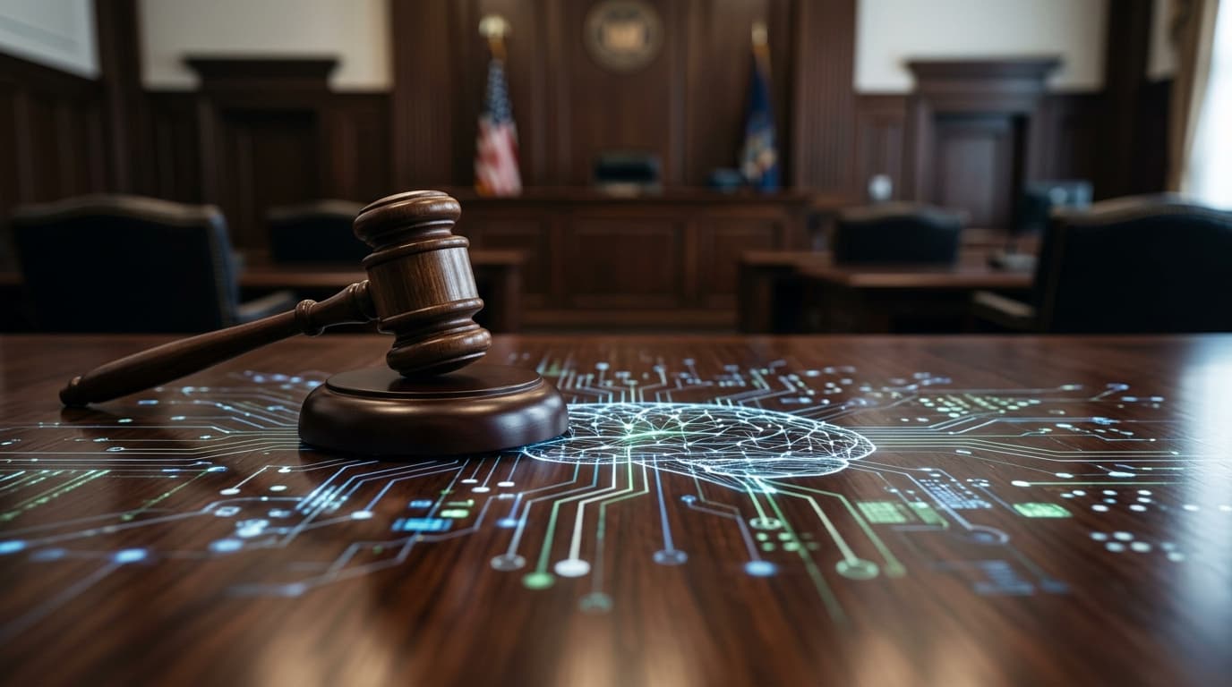 A courtroom gavel sitting on a wooden table, with stylized digital neural network icons reflecting o