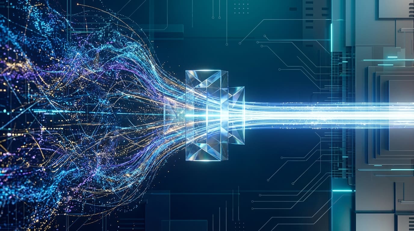 An abstract digital representation of a data stream being tightly compressed through a glowing geome