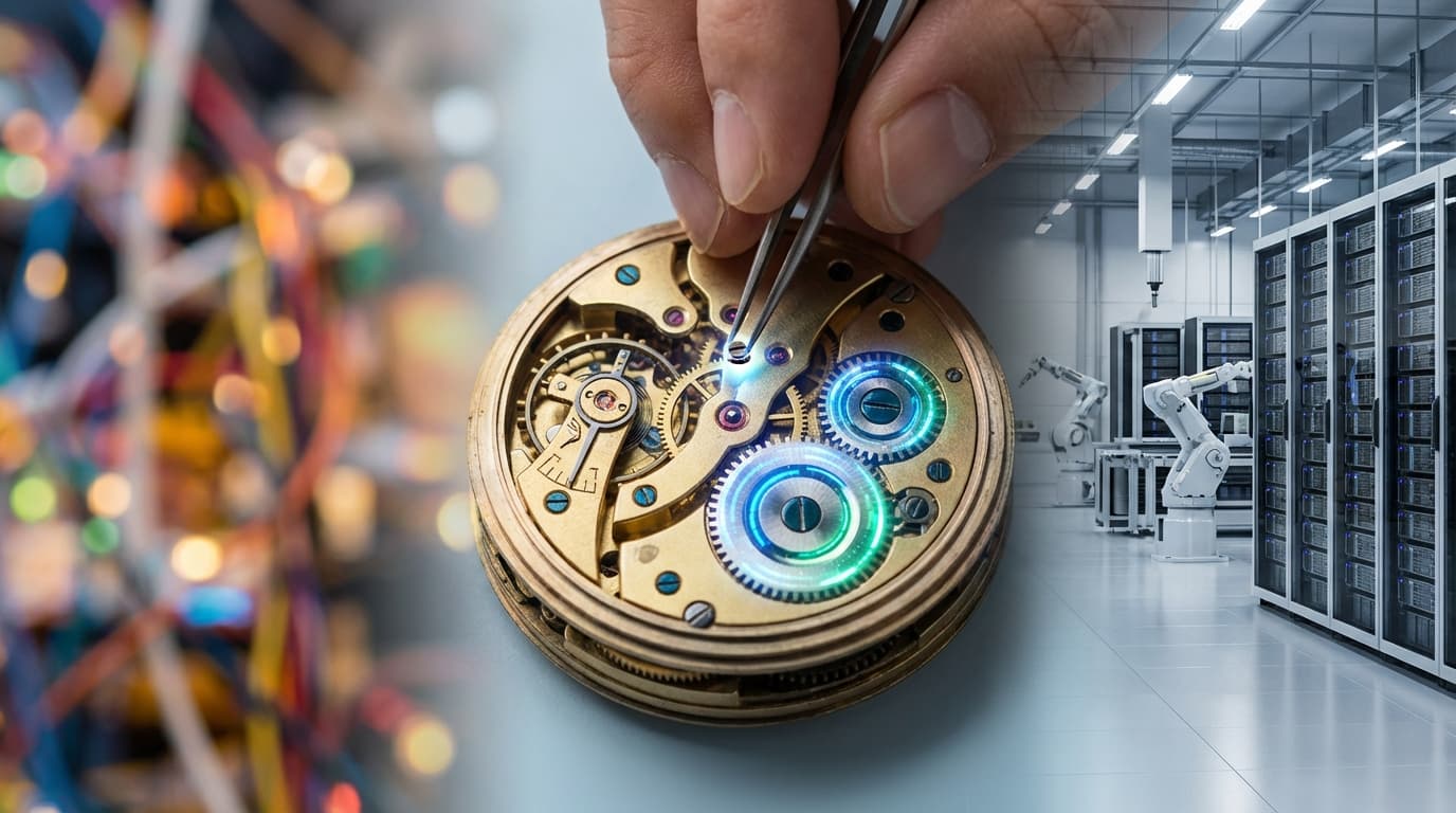 A detailed technical illustration of a complex clockwork mechanism where some gears are glowing with