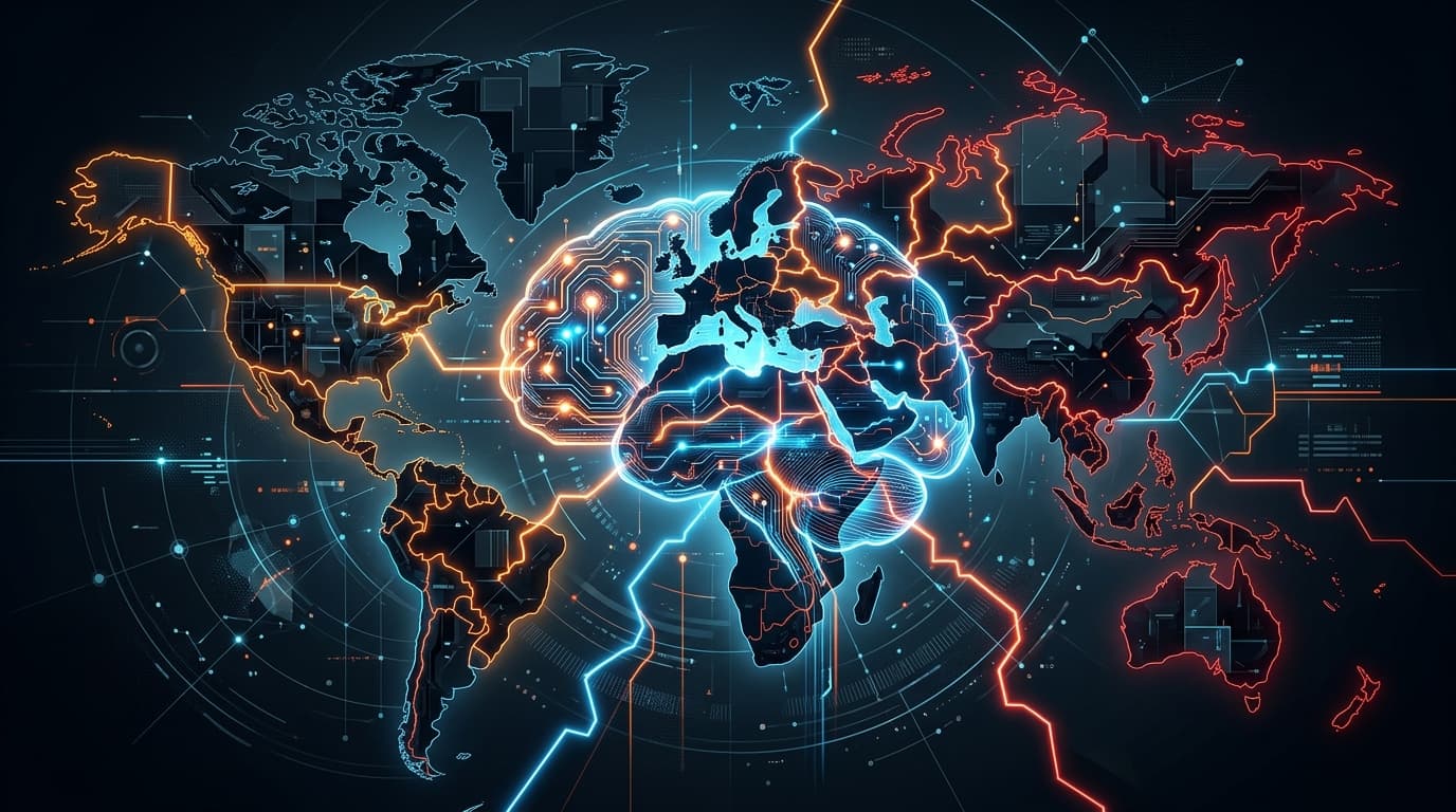 A conceptual, abstract illustration of an AI brain circuitry integrated with global map silhouettes,