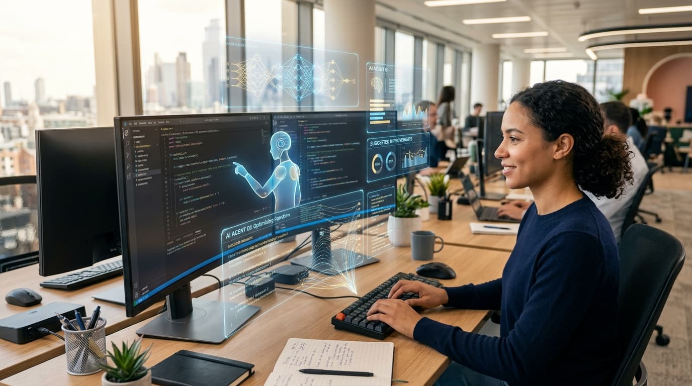 A modern, bright software engineering environment with an AI digital interface overlaying code snipp