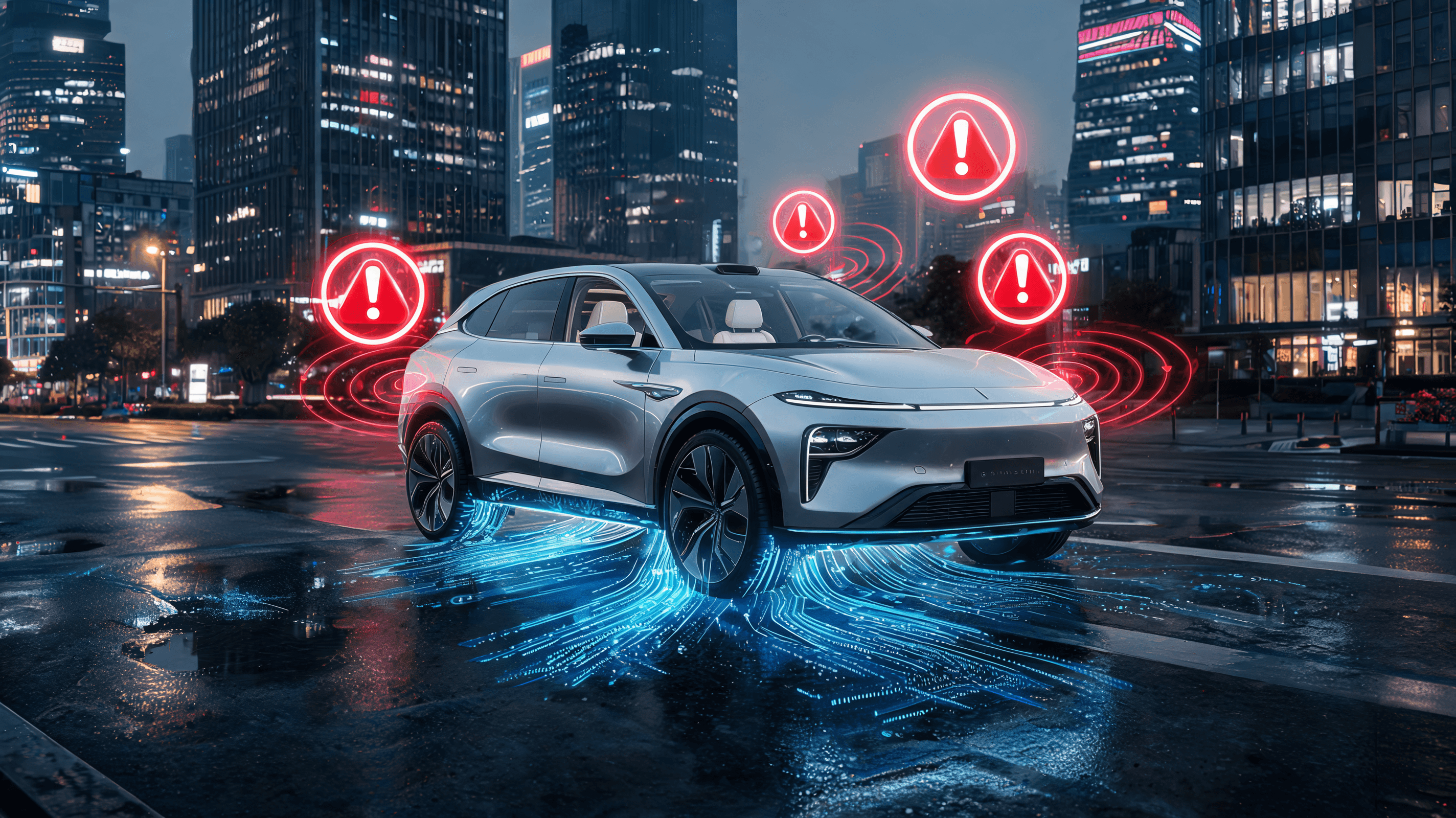 A modern autonomous vehicle on a wet city street, with glowing data streams emerging from the chassi
