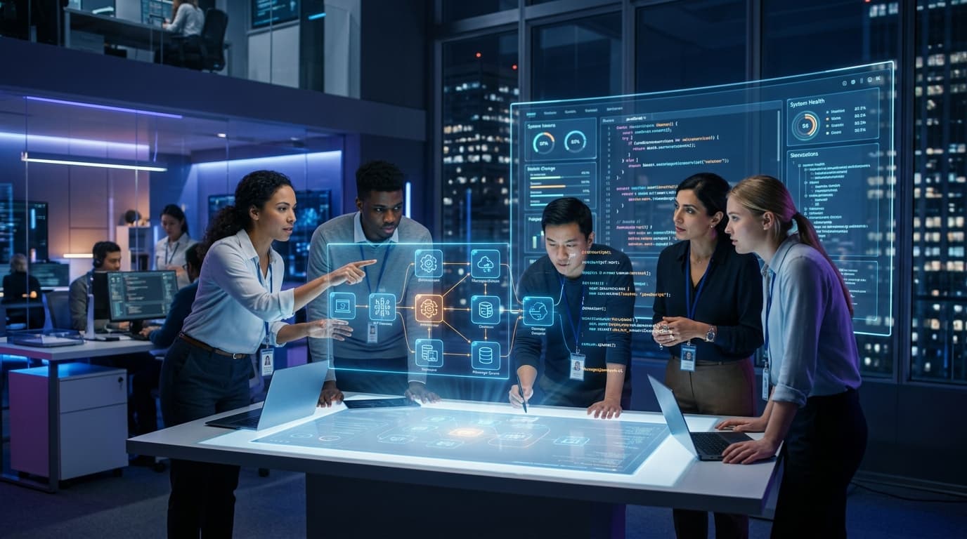 A modern, minimalist office workspace with holograms of software architecture diagrams and code bein