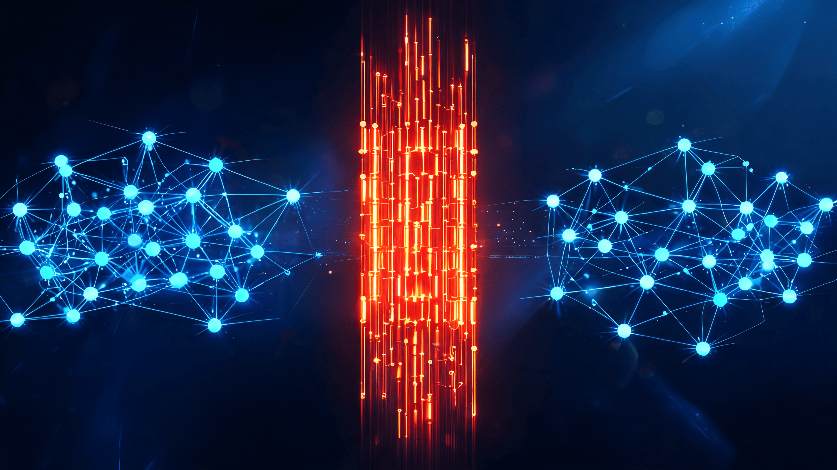 A futuristic digital illustration showing a glowing neural network being partitioned by a digital fi