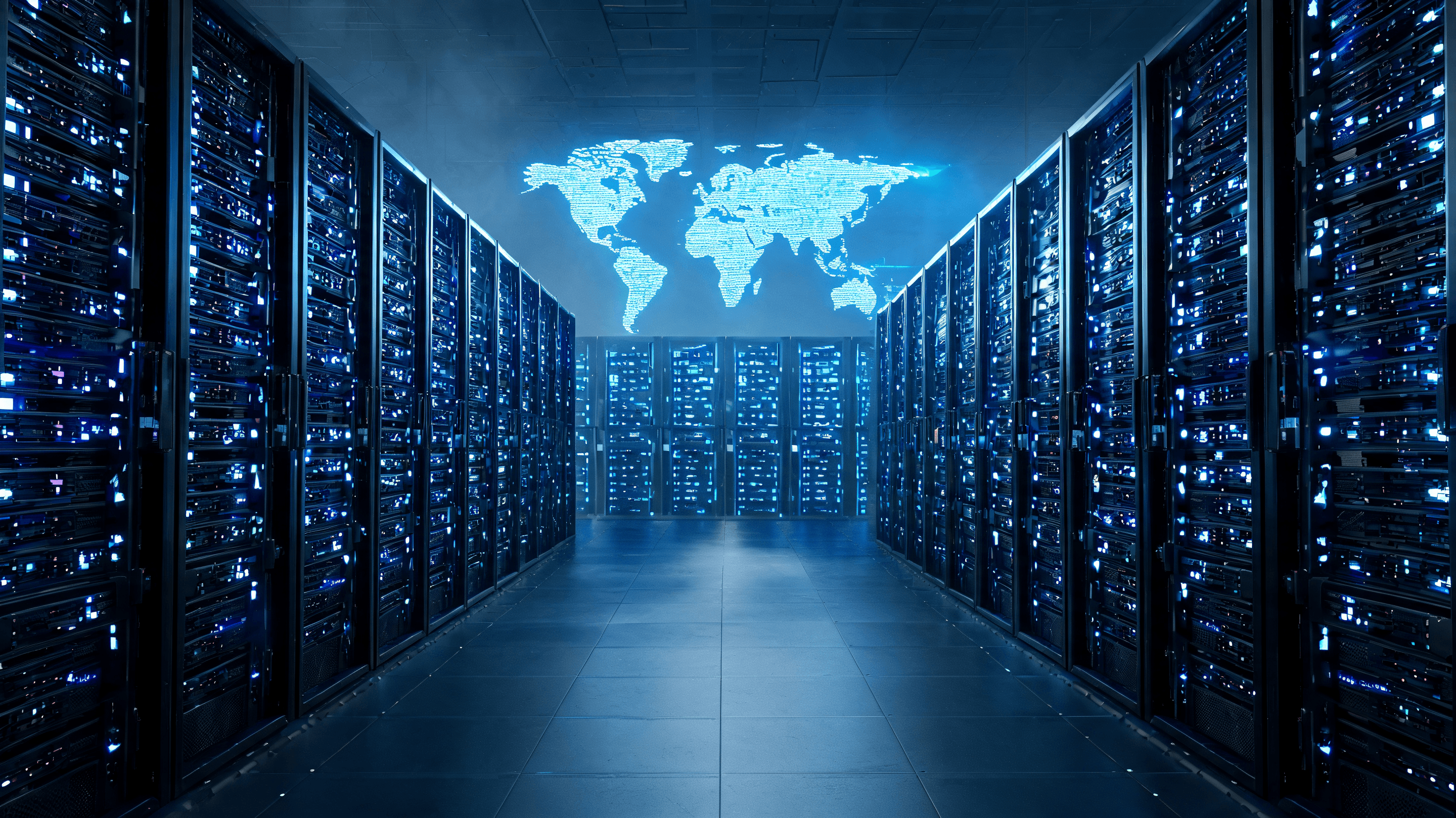A modern, high-tech server room with glowing blue light, supercomputers racks arranged in a vast dat