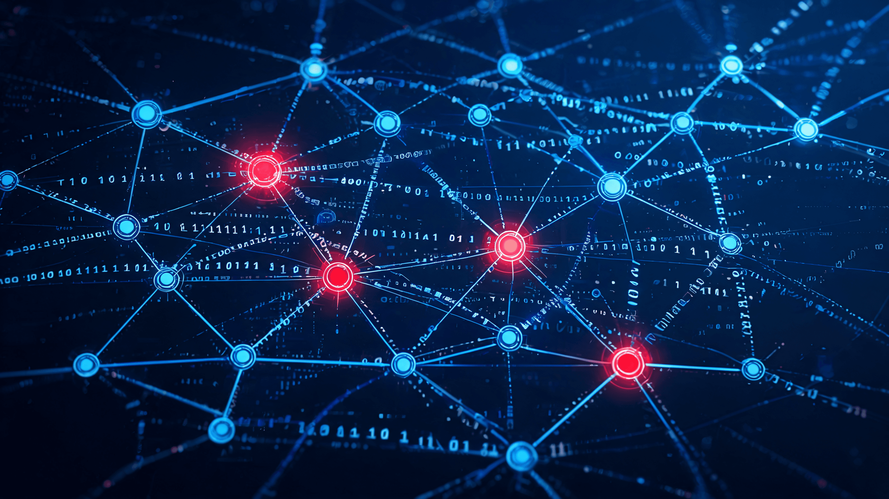 Cybersecurity conceptual art, a complex digital supply chain with glowing red warning nodes, intrica