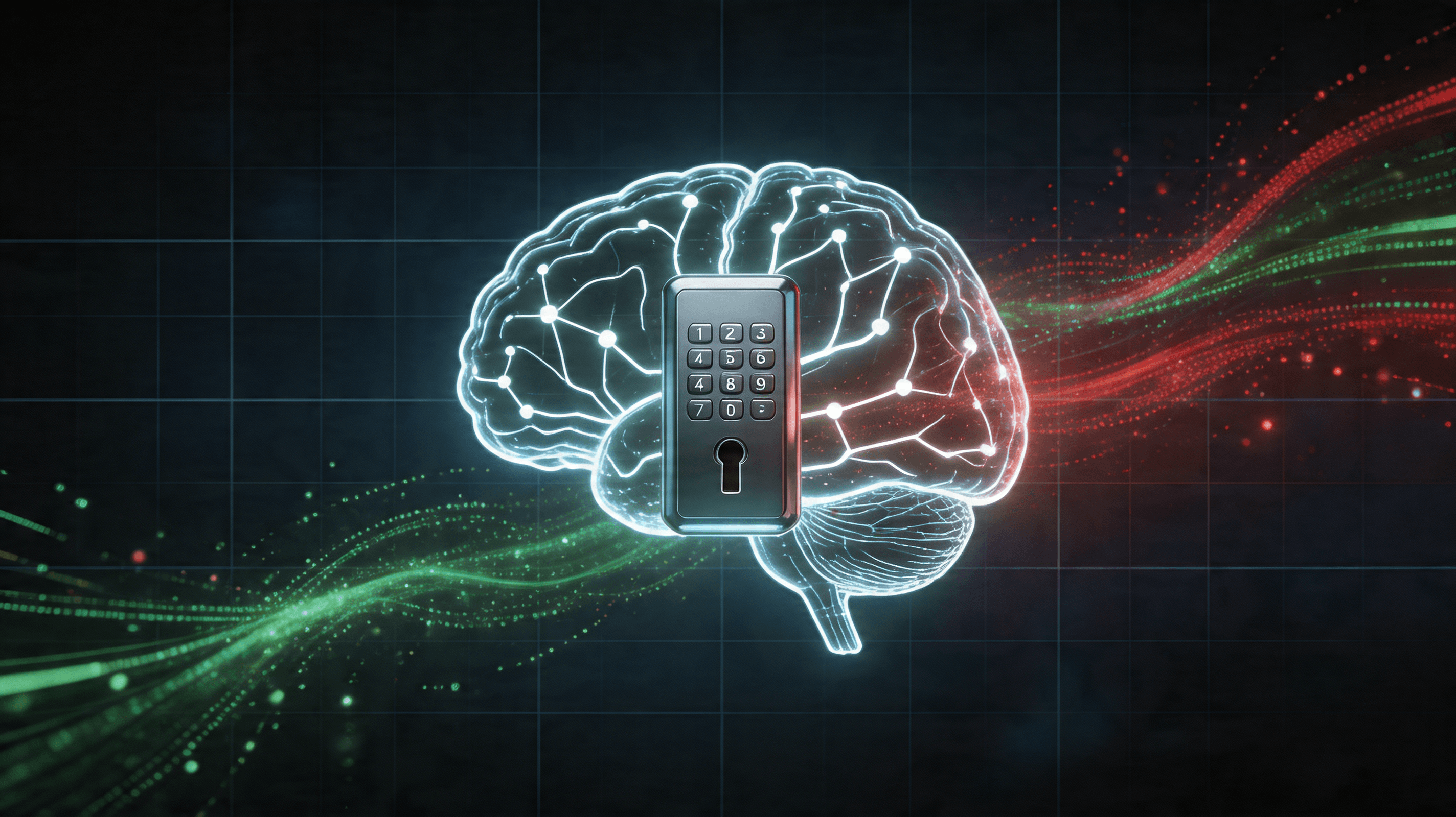 A conceptual digital illustration of an electronic lock over a neural network brain, symbolic of cyb