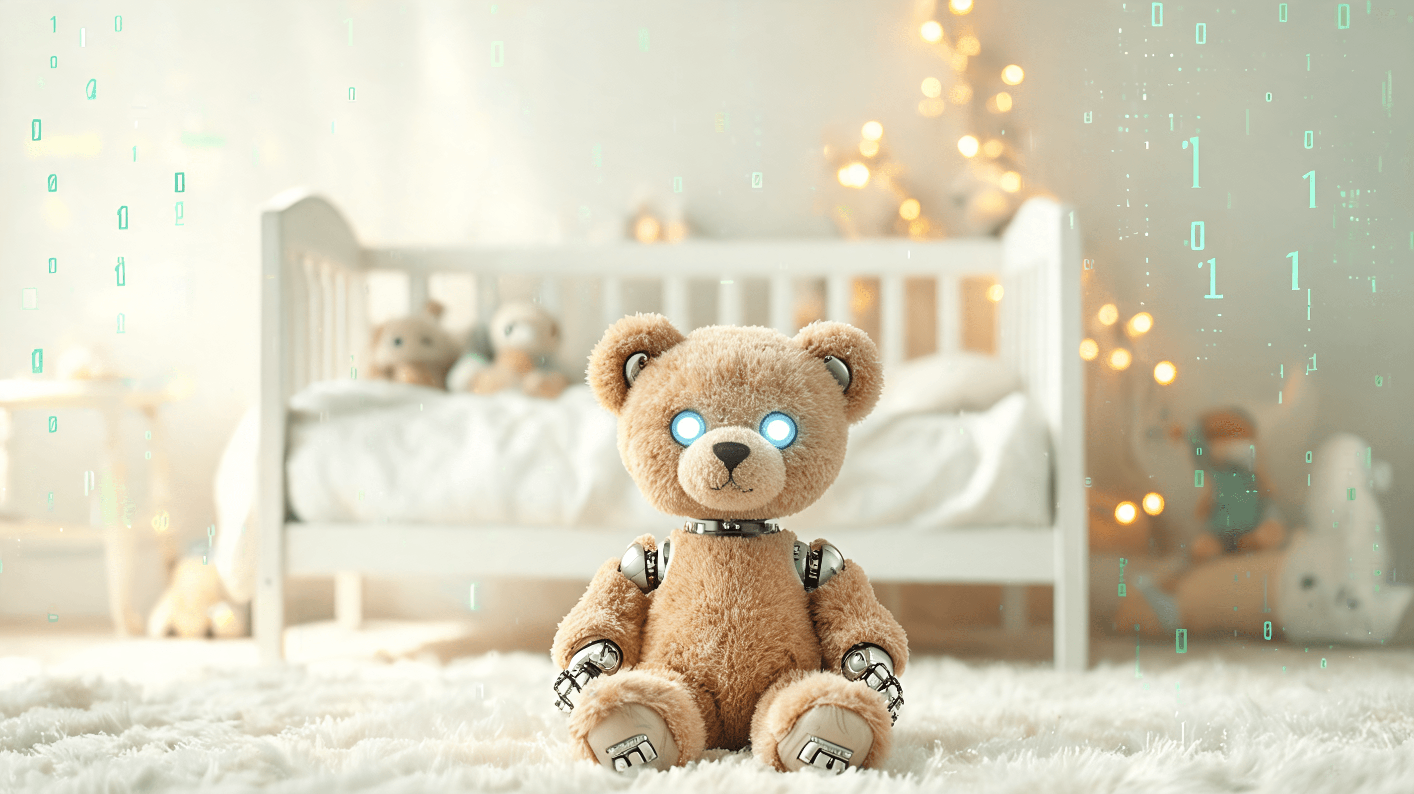 A cute, stylized robotic teddy bear with glowing eyes in a soft-focus nursery, overlaid with faint d
