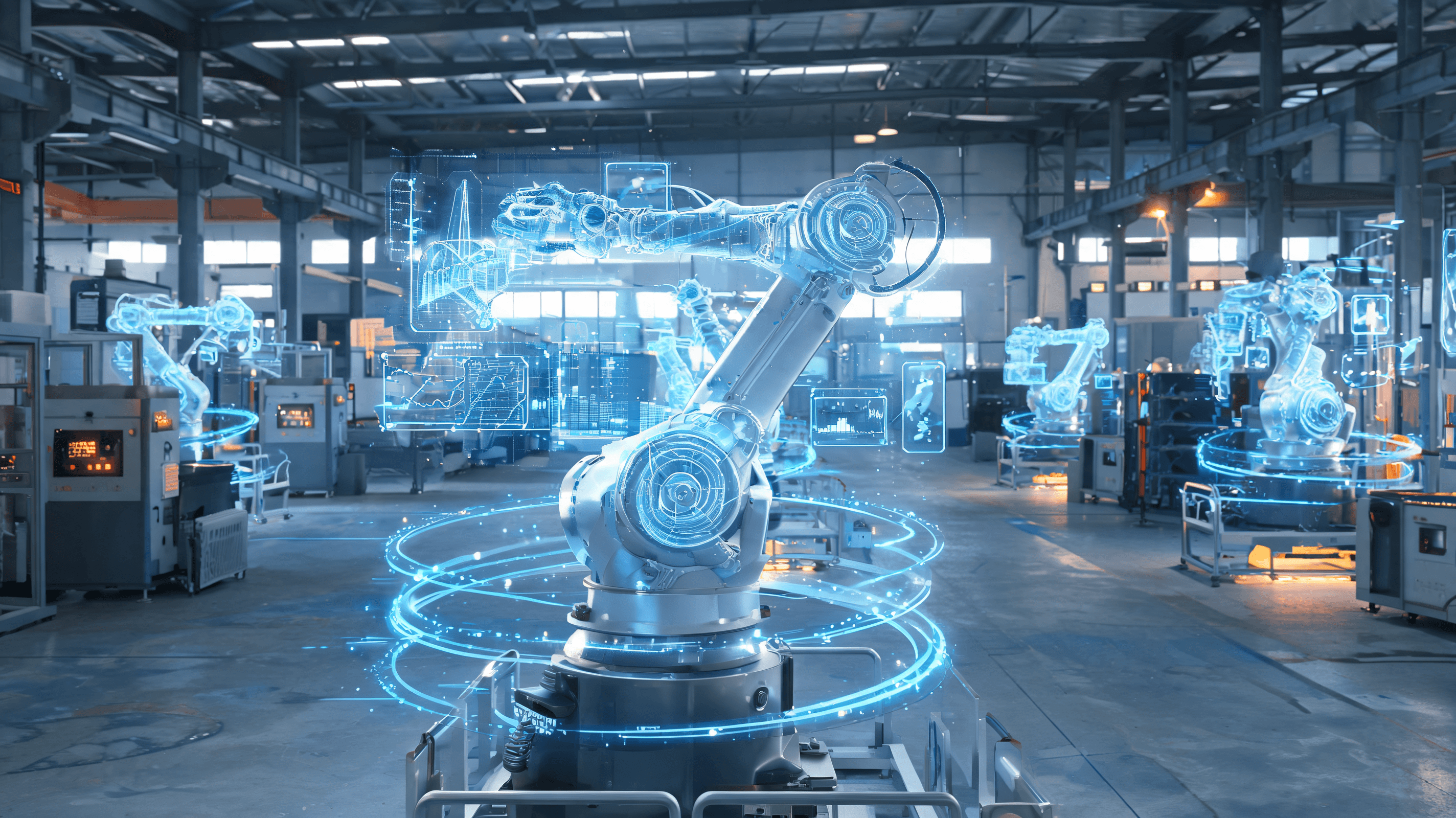 An industrial manufacturing floor with holographic overlays of data streams on robotic machinery, vi
