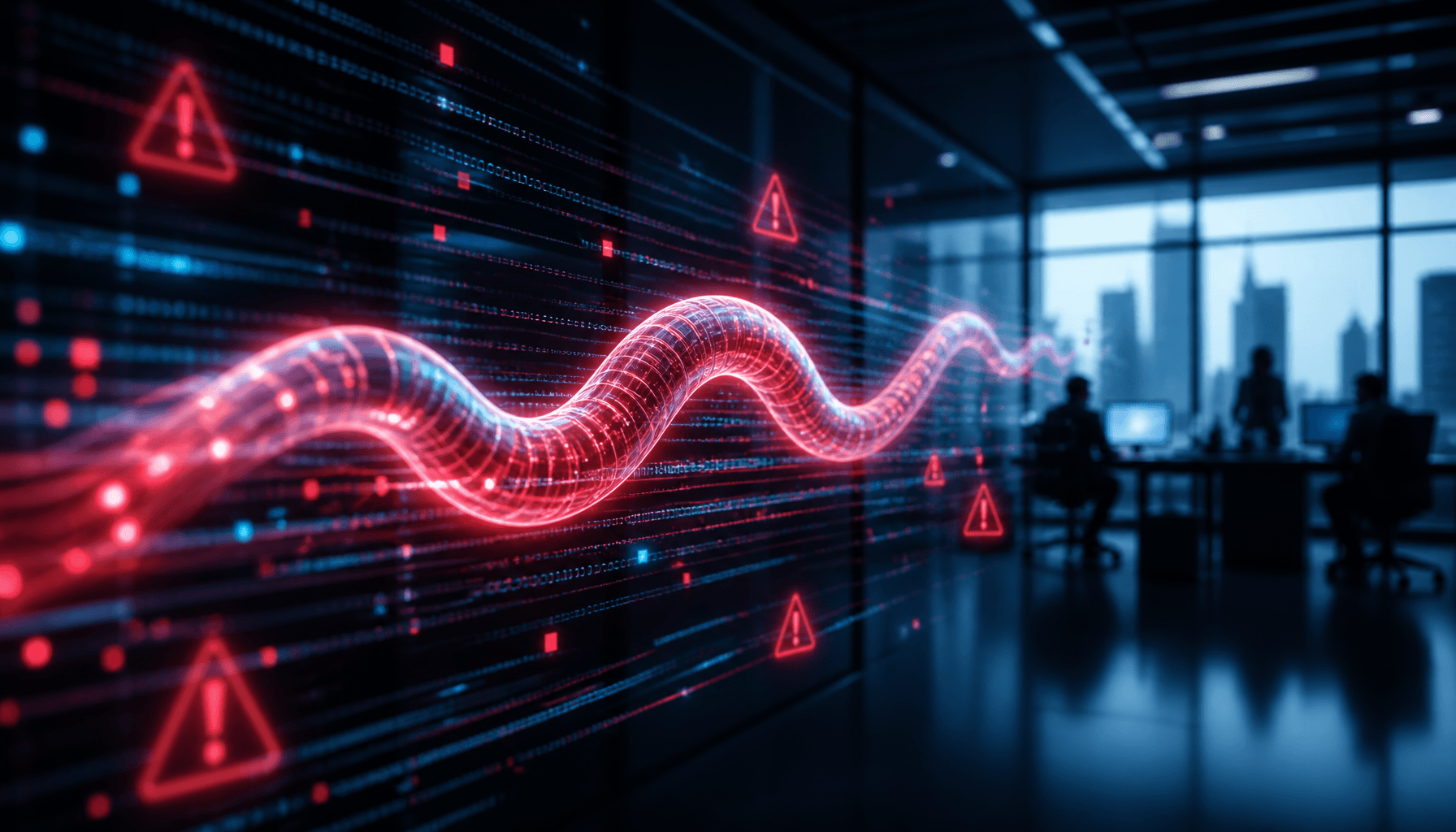 A digital representation of a glowing worm-like structure moving through data streams, with a corpor