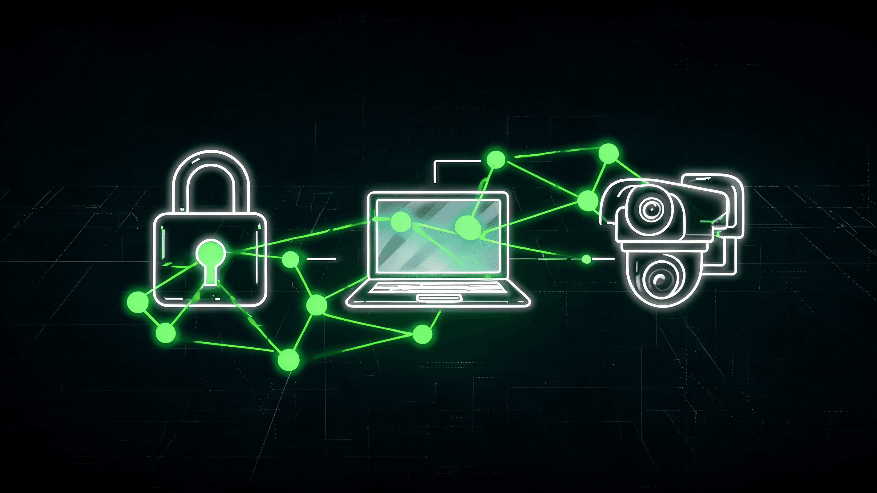 A dark digital background, glowing green neural network structures creeping into a network of interc