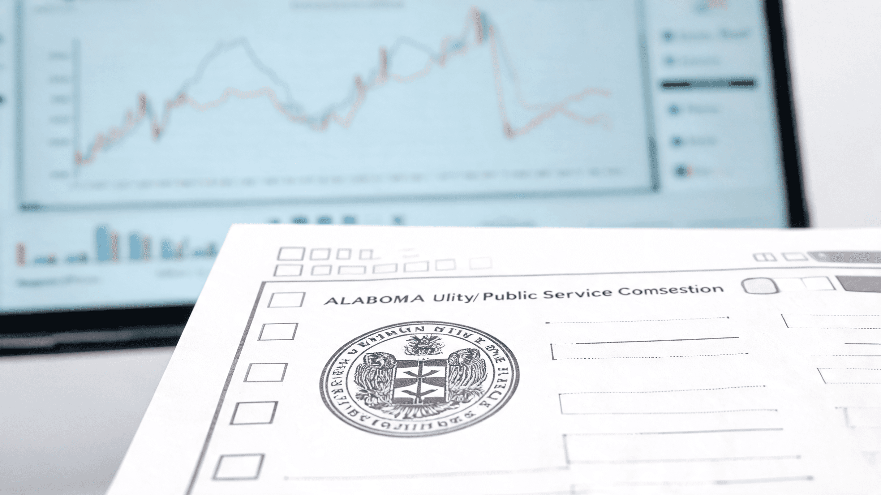 A graphic showing an Alabama ballot paper with a utility commission seal, blurred energy price chart