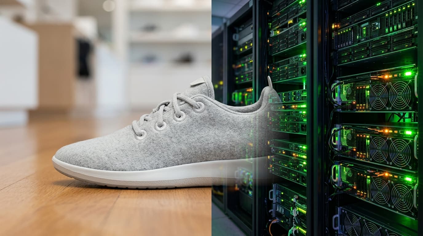 A composite image showing one half of a minimalist, clean Allbirds sneaker morphing into a stack of