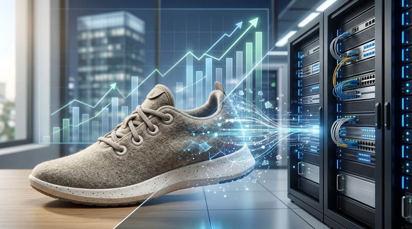 A conceptual image showing a transformation: a single Allbirds wool sneaker on one side fading into