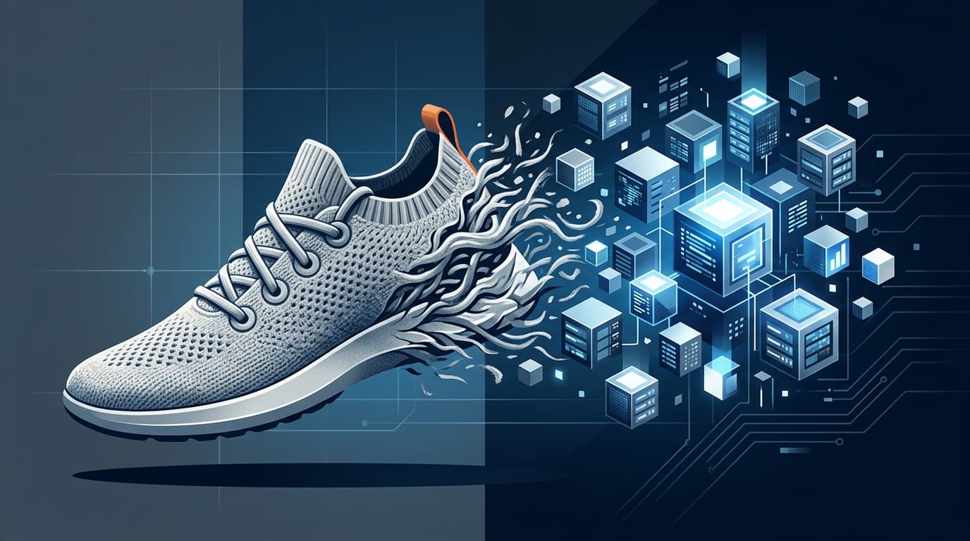 A conceptual juxtaposition of a wool sneaker disintegrating into floating digital server cubes, high