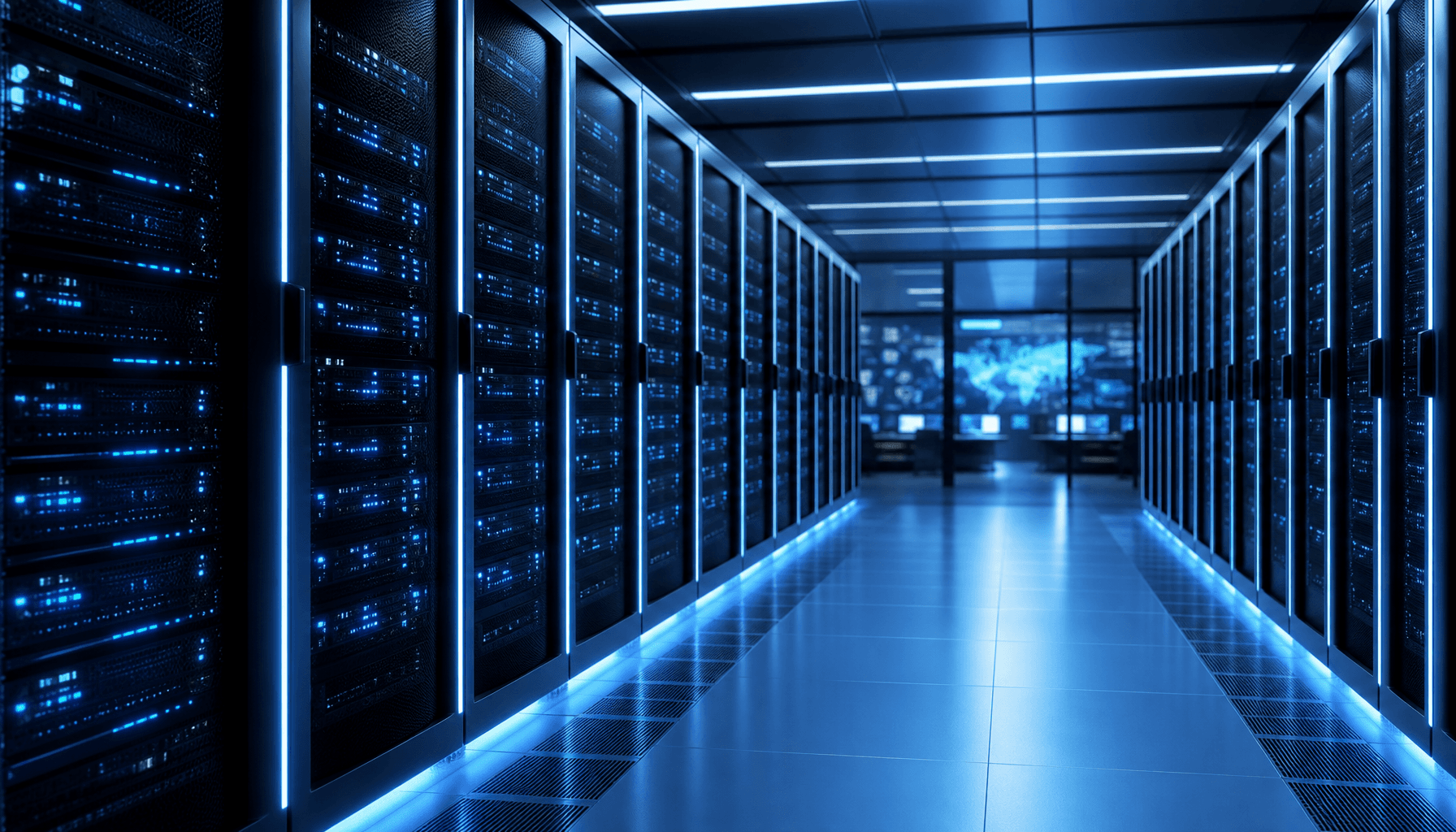 A modern data center server room with glowing blue lights, futuristic aesthetic, sleek corporate tec