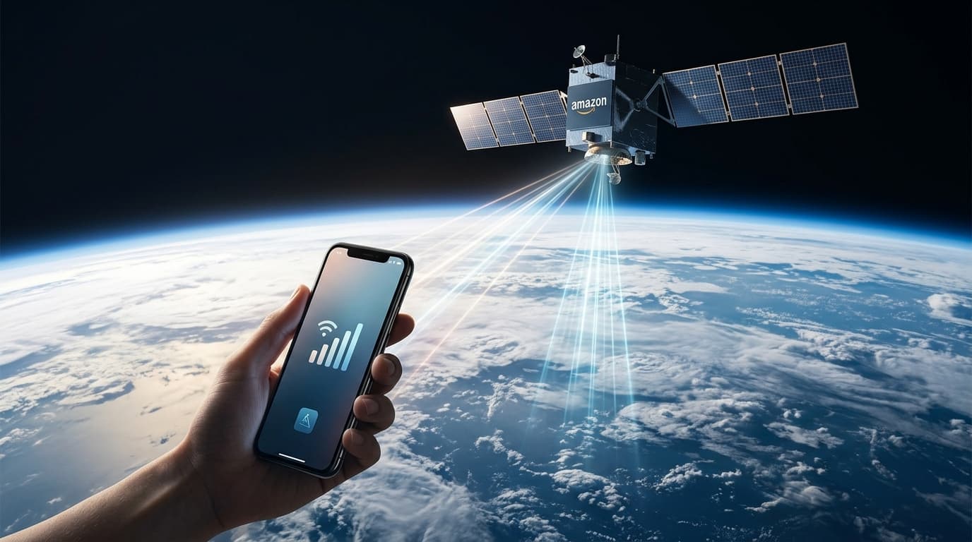 A modern, cinematic graphic of an Amazon-branded satellite in orbit, with beams of data connecting d