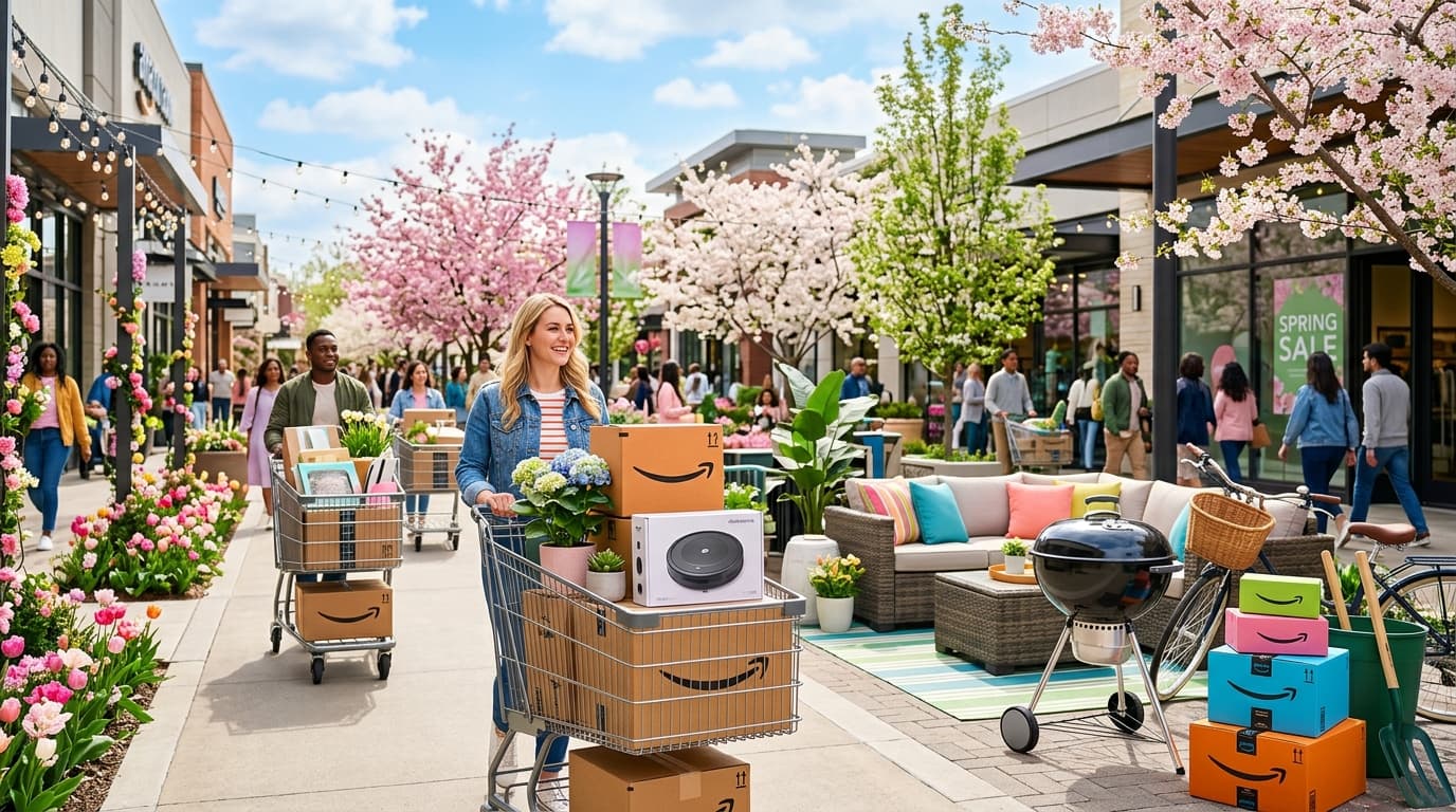 A stylized, vibrant image of a colorful spring shopping scene featuring boxes with Amazon's arrow lo