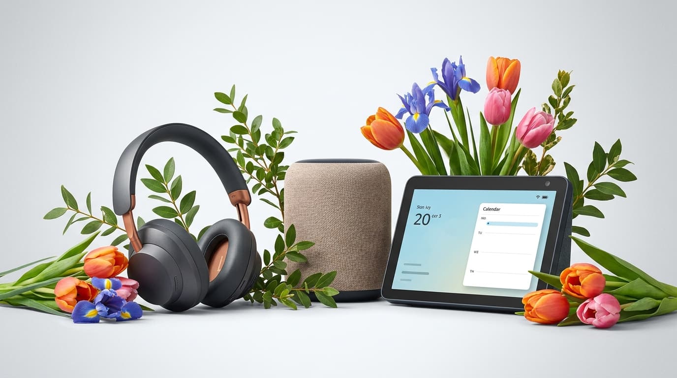 Bright and colorful promotional banner for Amazon Big Spring Sale, featuring modern headphones, smar