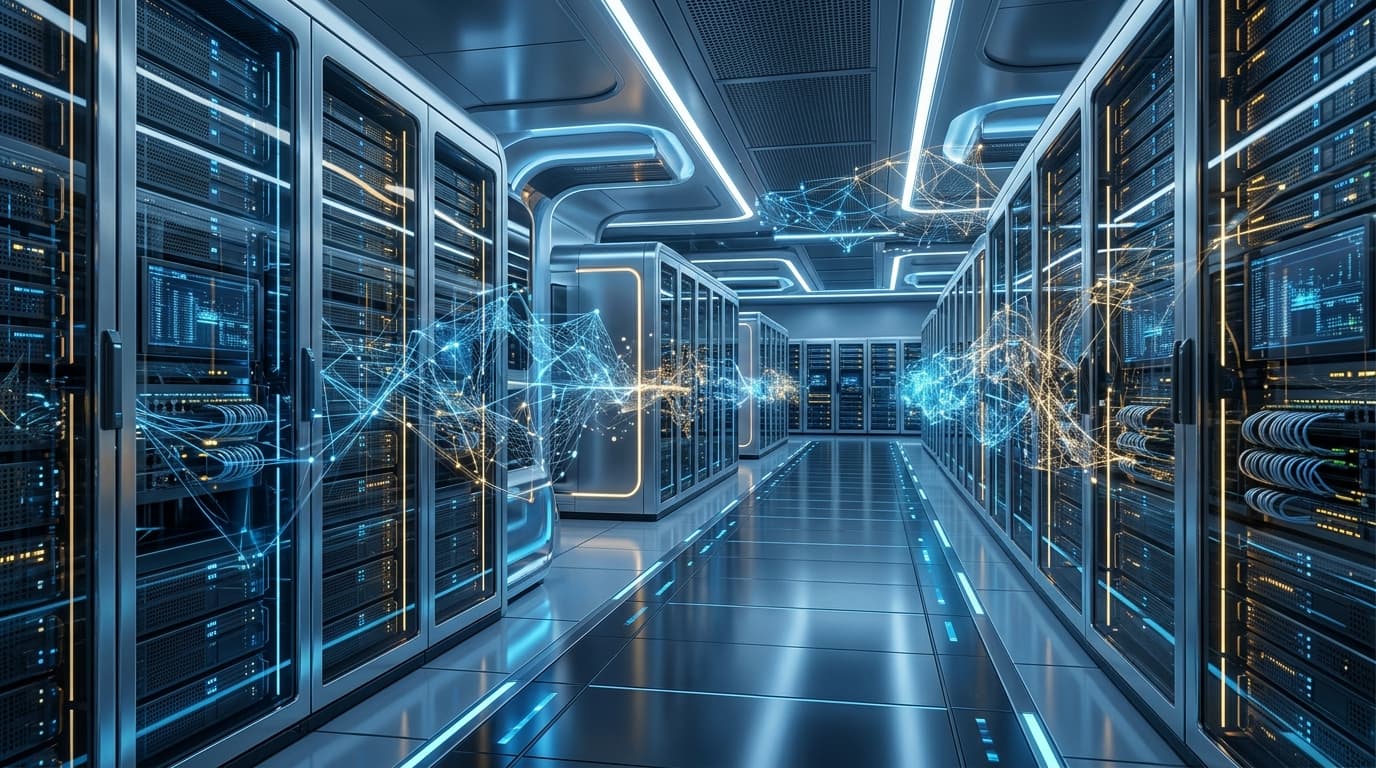 A futuristic data center corridor representing cloud computing, with abstract digital neural network