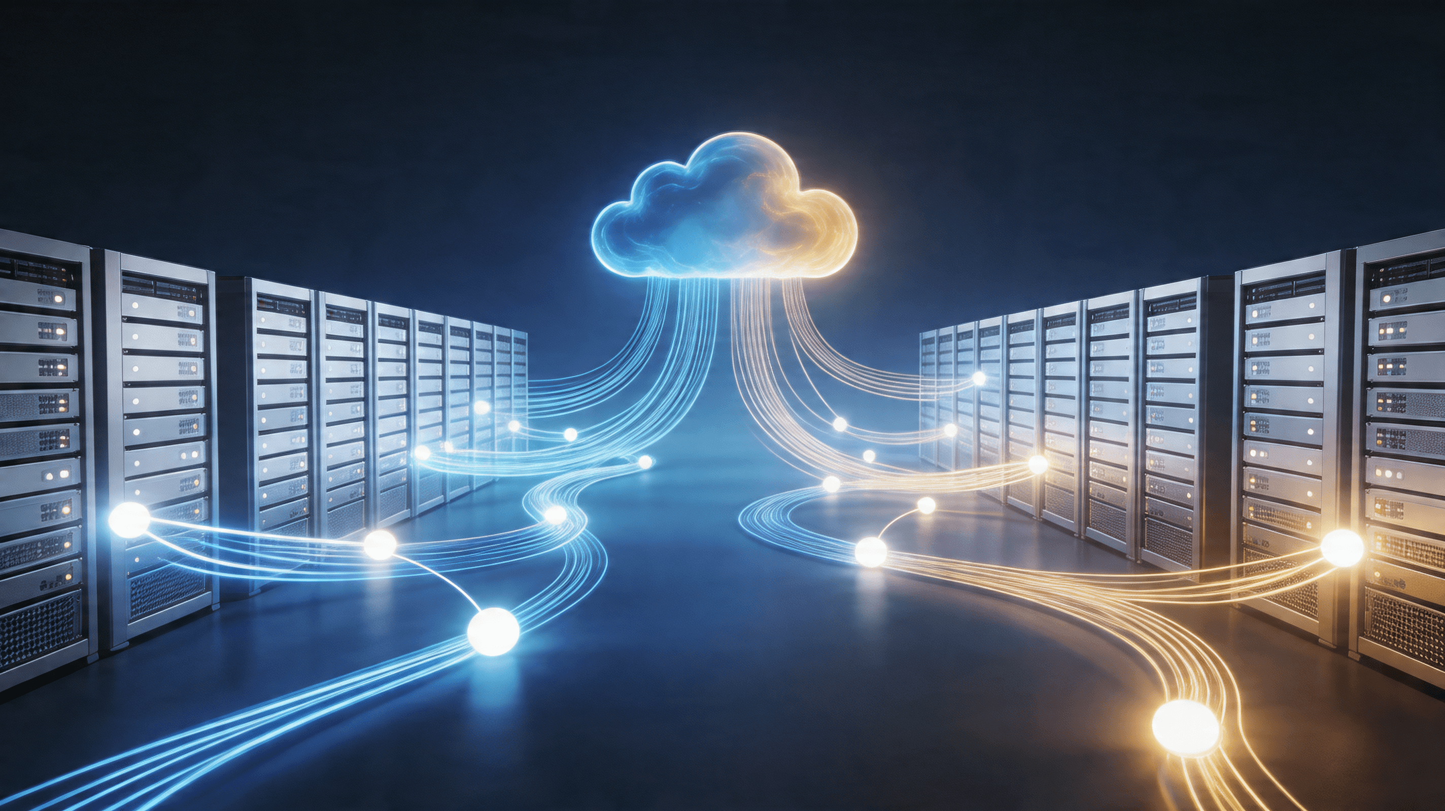 Abstract digital representation of cloud computing servers and neural networks interconnecting, with