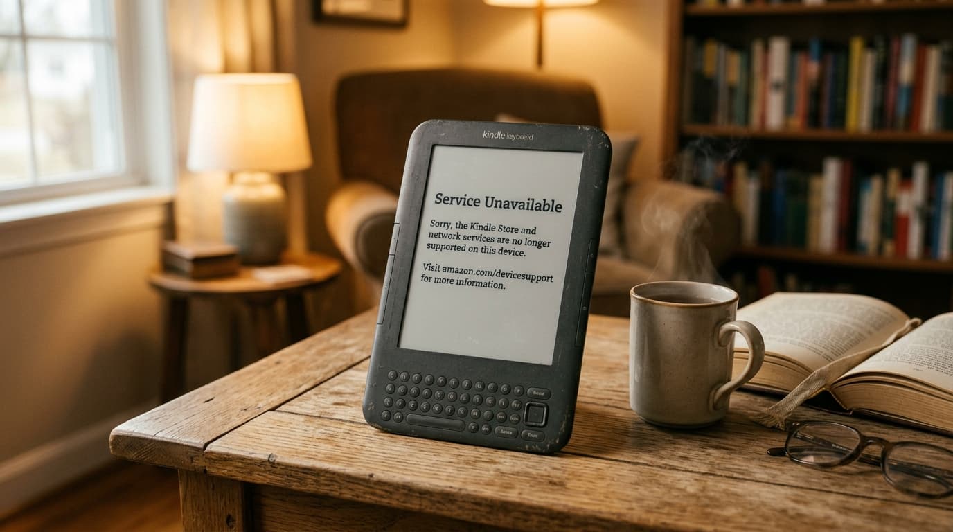 A close-up, high-quality photograph of an old, vintage Kindle screen displaying a message saying 'Se