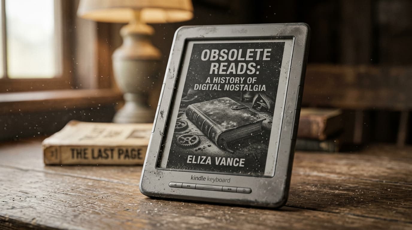 A nostalgic close-up of an old, vintage-style e-reader screen displaying a digital book cover, with