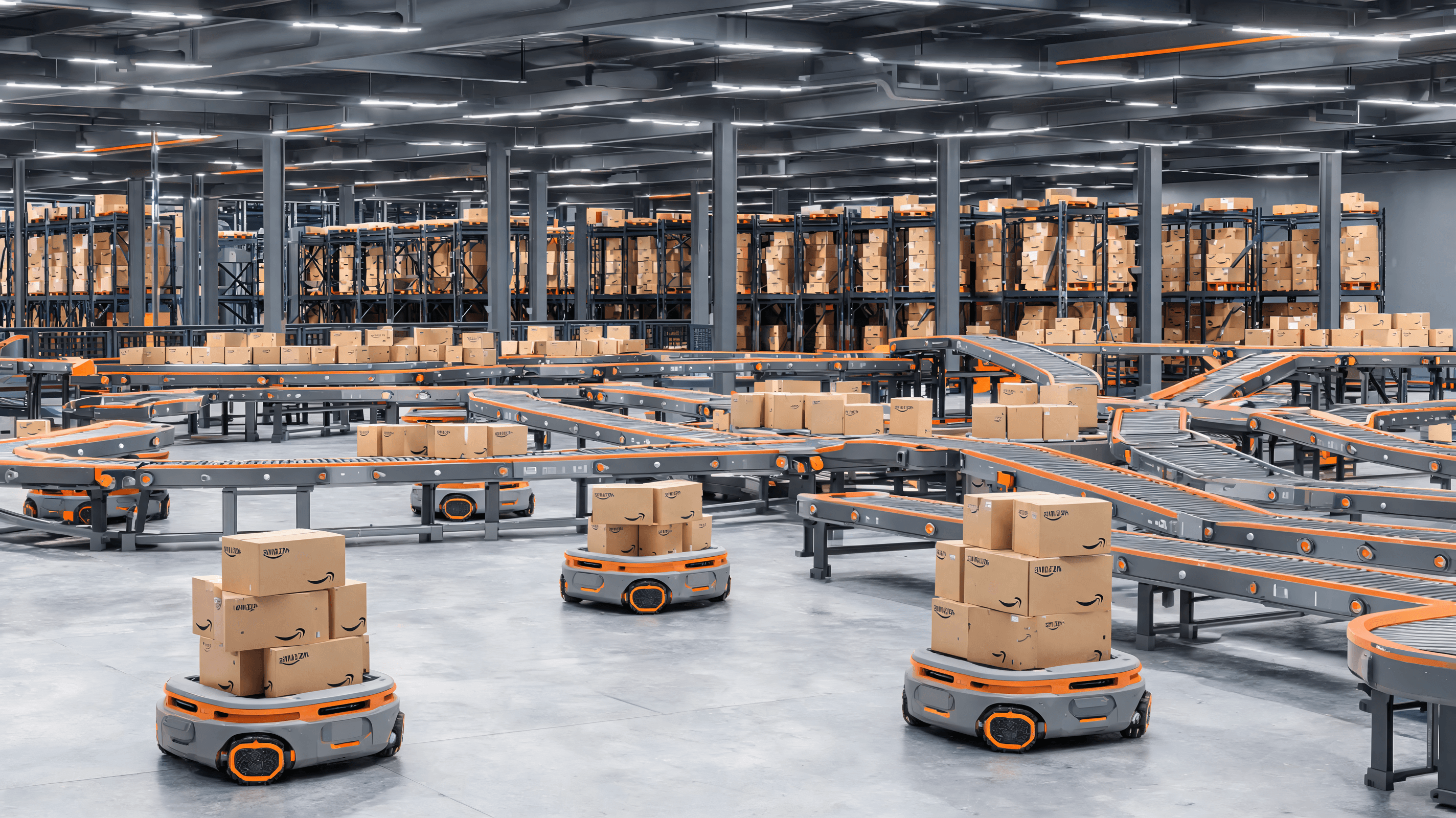 A futuristic logistics hub visualization, showing automated robots and conveyor systems, stylized wi