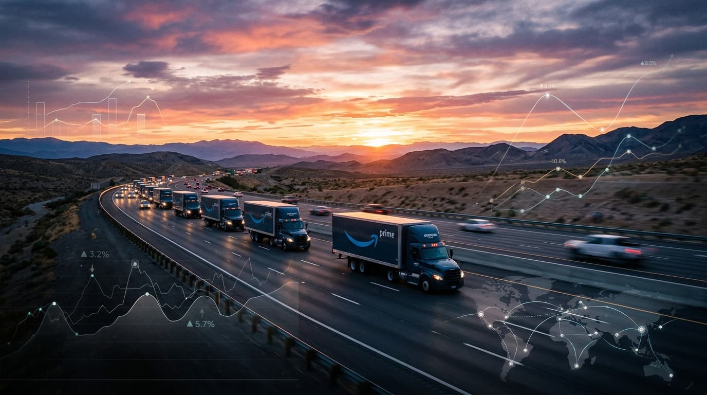 A cinematic shot of a fleet of Amazon delivery trucks moving along a highway at sunset, with a subtl