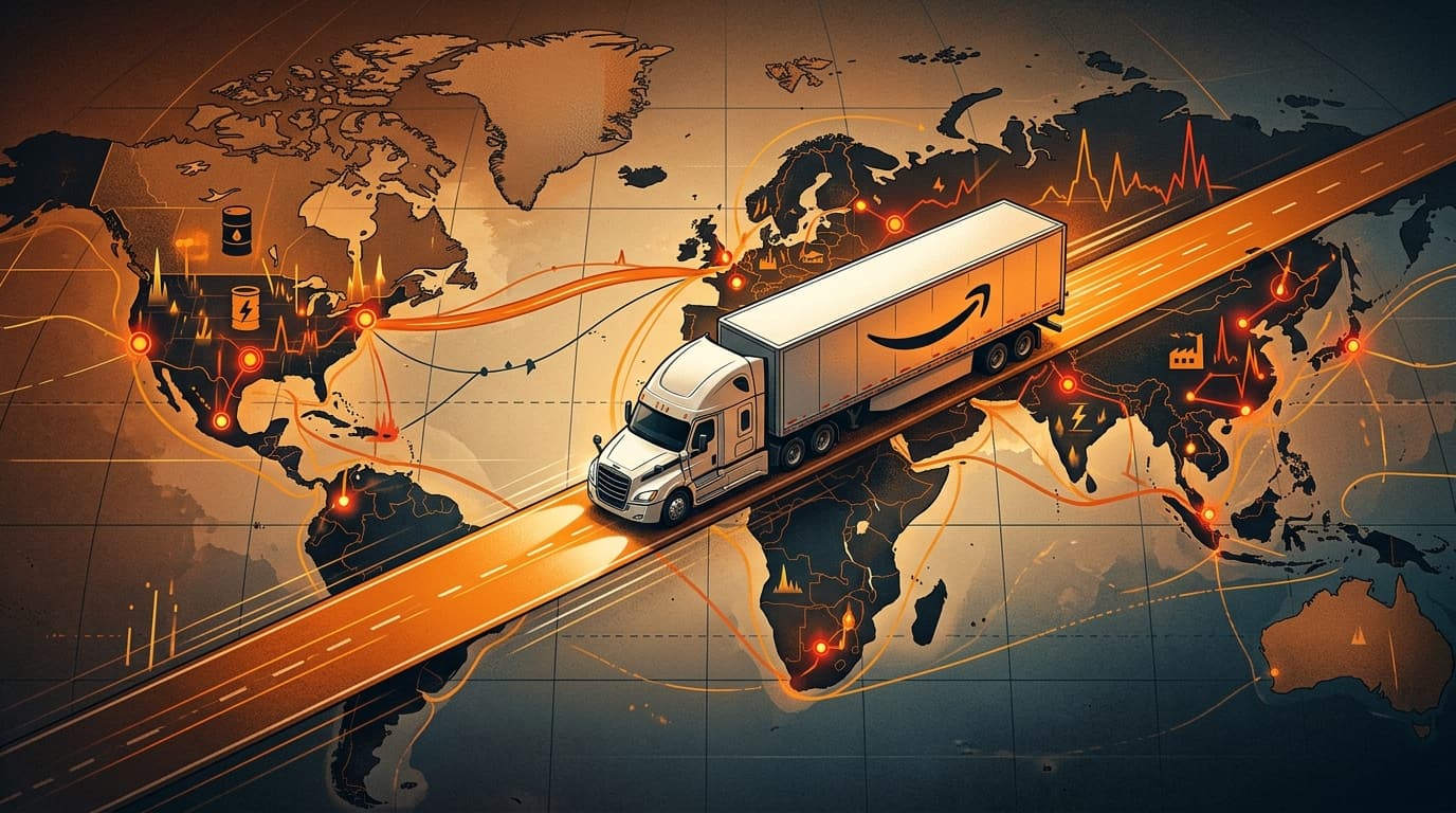 An industrial-style illustration showing an Amazon logistics truck driving across a map of the world