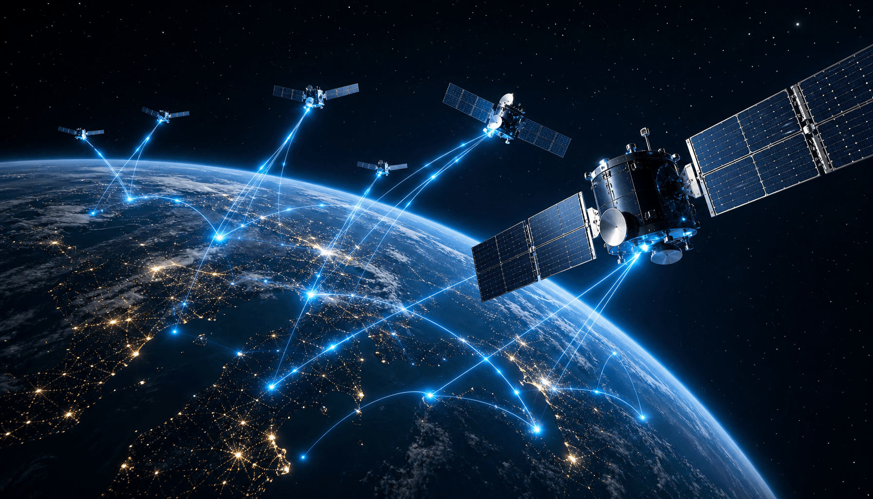 A cluster of sleek communication satellites orbiting Earth, glowing with fiber-optic style light lin