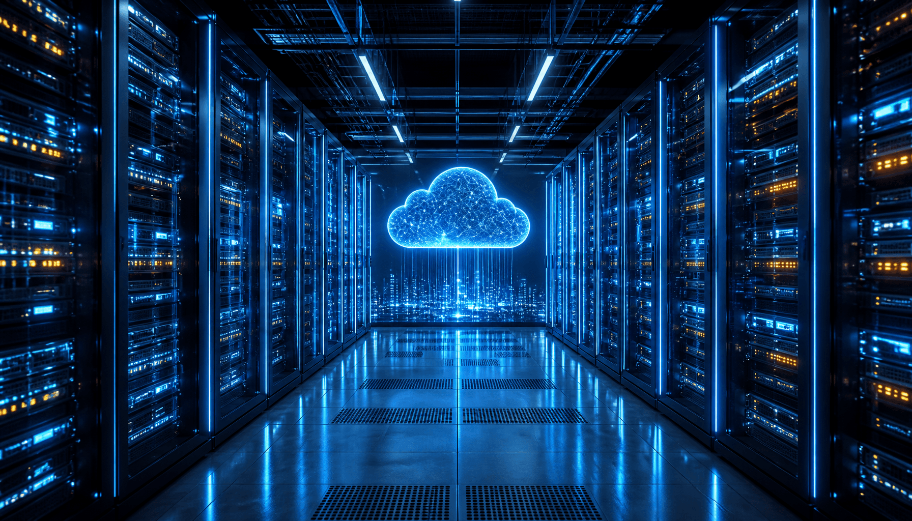 A futuristic data center interior with glowing server racks, blue and amber neon lights, cinematic r