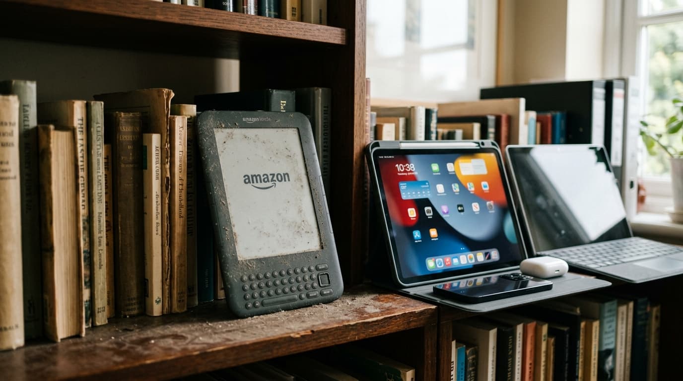 An old, dusty Kindle e-reader sitting on a bookshelf next to new, sleek tech devices, symbolizing th