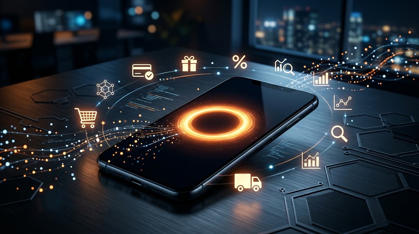 A conceptual, high-tech image showing a futuristic, minimalist smartphone design reflecting a warm g