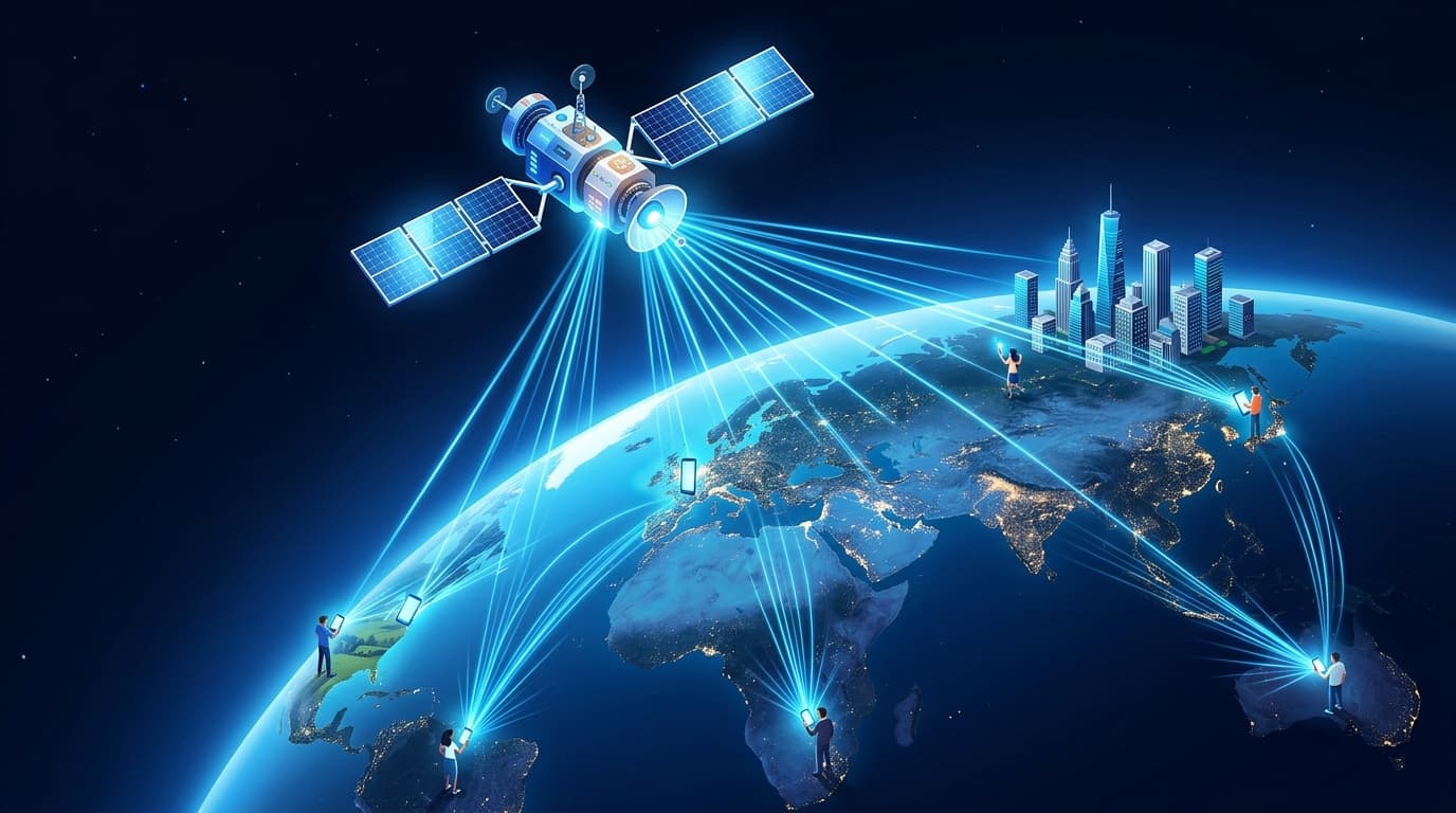 A modern, high-tech illustration showing a satellite orbiting Earth with beams of light connecting t