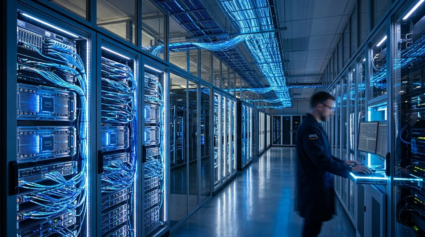 A modern, futuristic Amazon data center laboratory interior with glowing blue fiber optic lights and